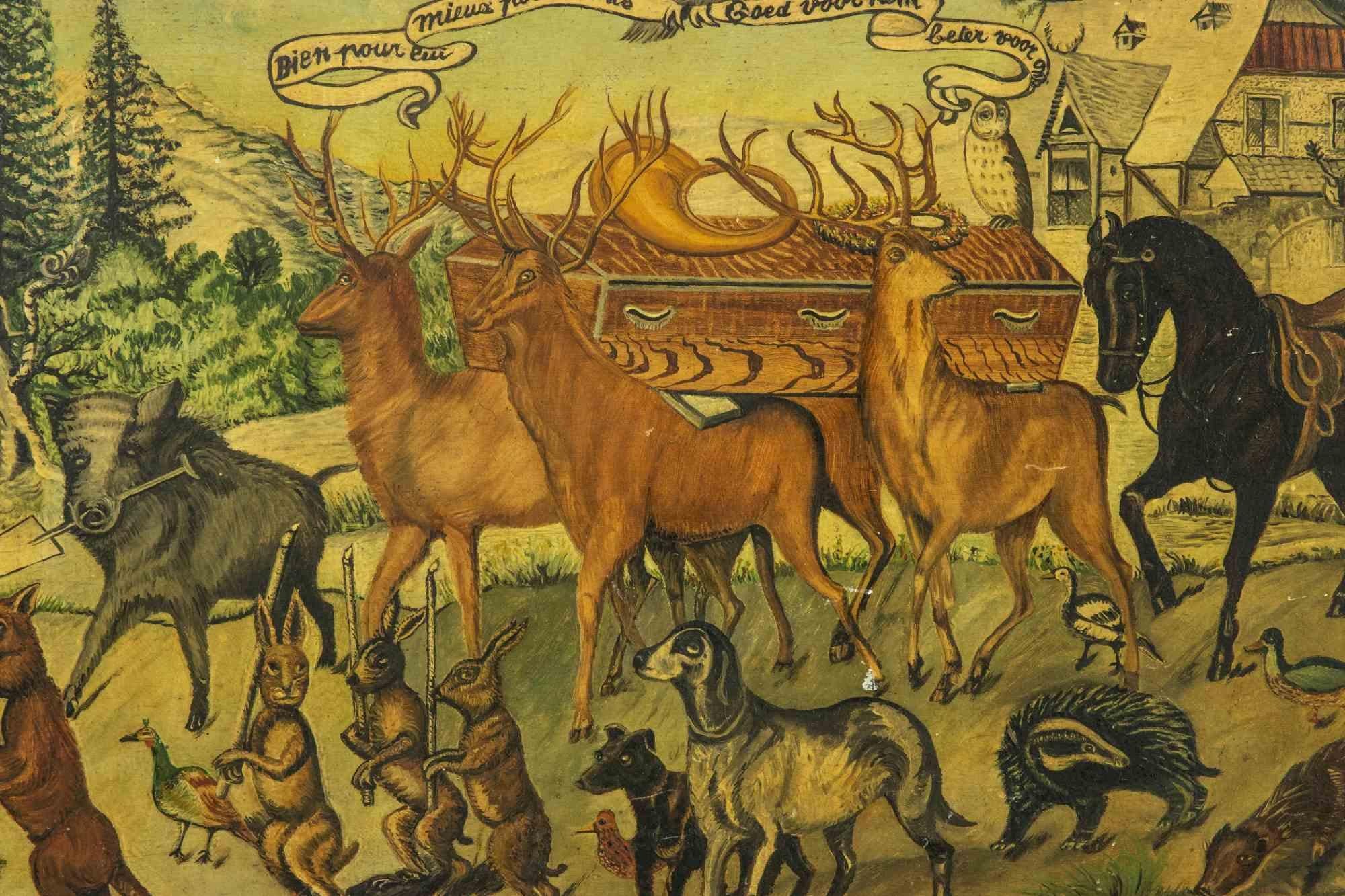 Jägers Begräbnis ist ein modernes Kunstwerk aus dem frühen 20. Jahrhundert.

Temperamalerei auf Karton.

Handsigniert am unteren Rand.

Inklusive Rahmen: 60 x 86 cm