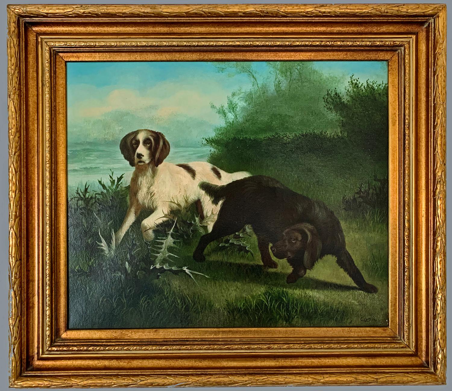 Unknown Animal Painting - "Hunting Dogs in Landscape" American School Oil Painting on Canvas
