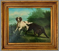 "Hunting Dogs in Landscape" American School Oil Painting on Canvas