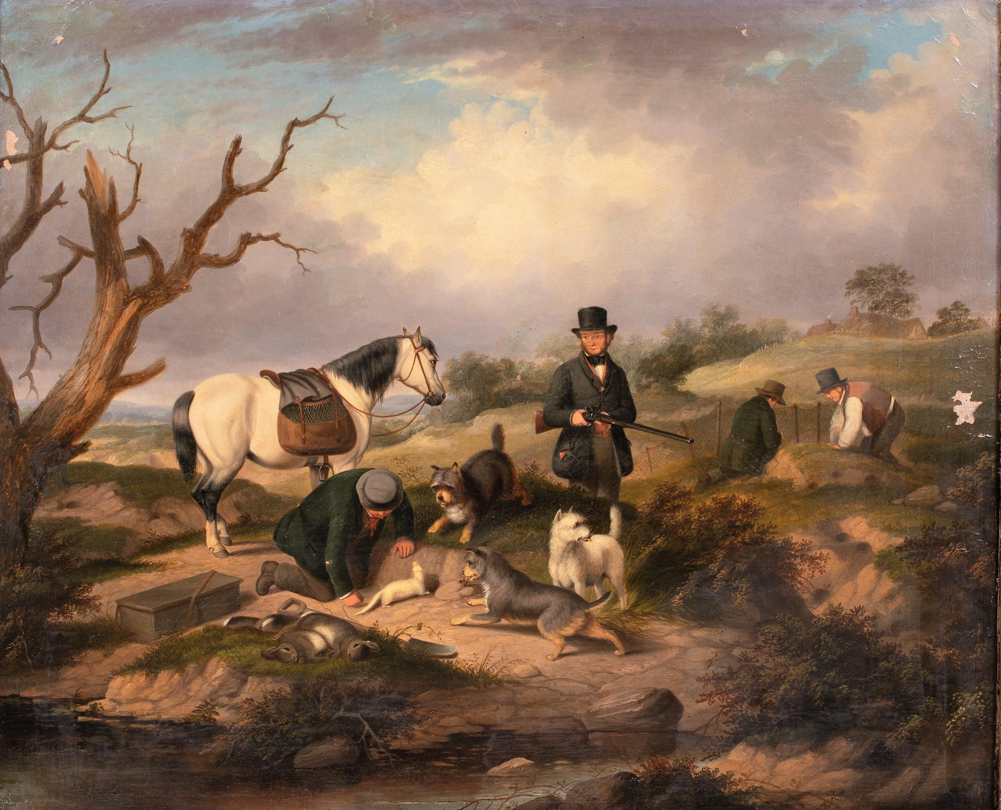 Huntsmen and Terriers & Ferrets Rabbiting, 19th Century - George Armfield - Painting by Unknown