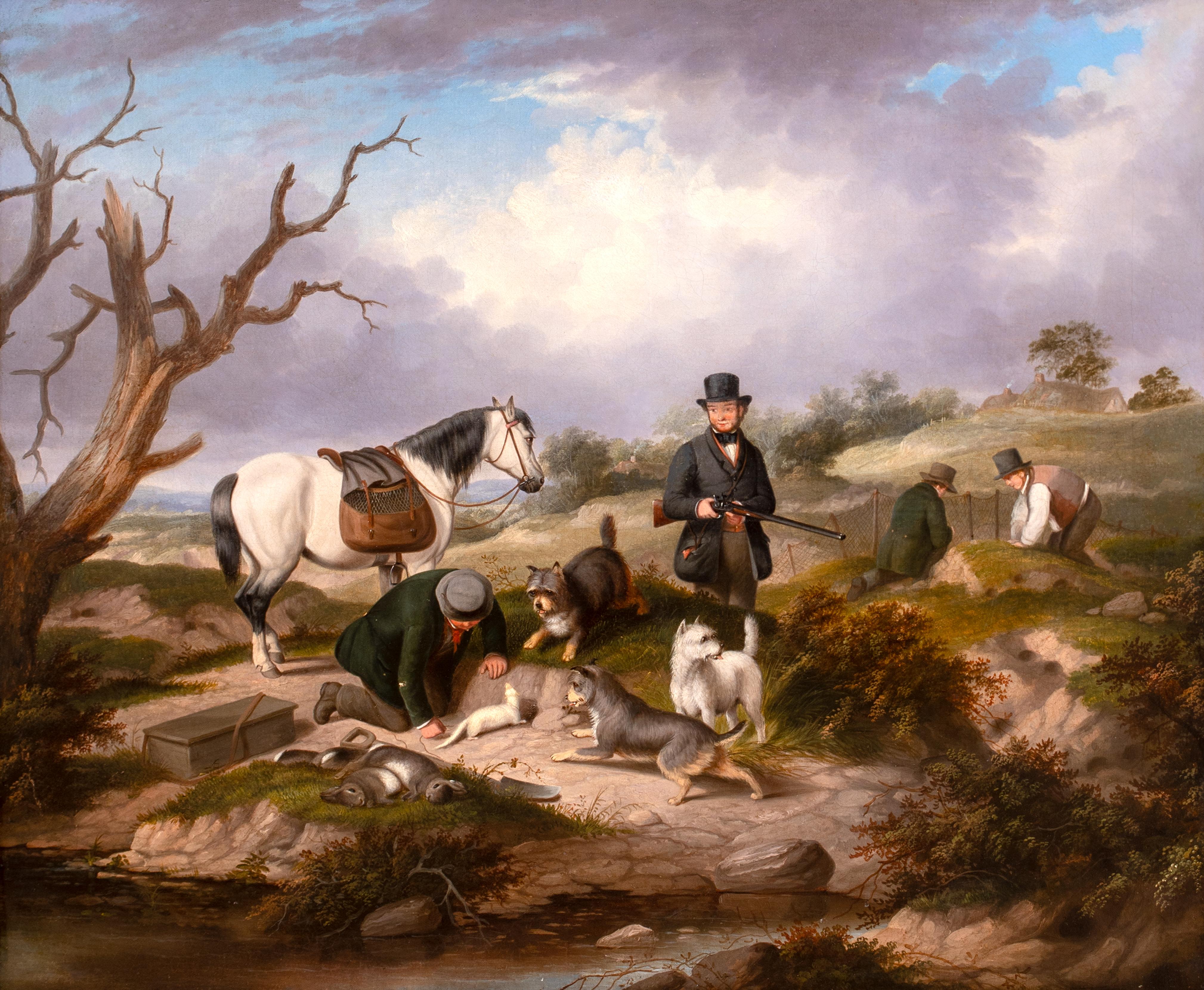 Huntsmen and Terriers & Ferrets Kaninchenzüchter, 19. Jahrhundert – George Armfield (Braun), Landscape Painting, von Unknown