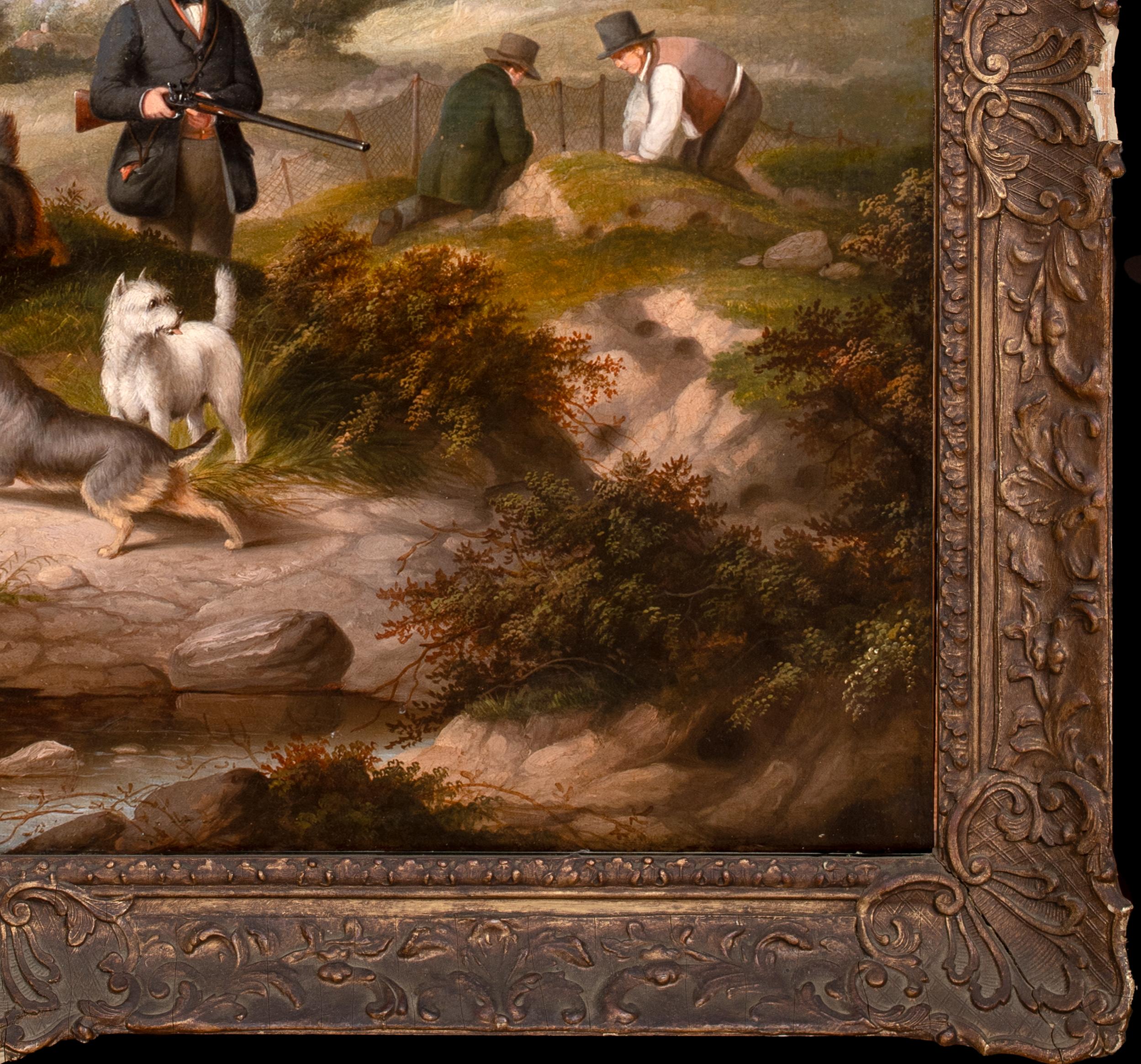 Jäger und Terrier & Frettchen beim Kaninchenfang, 19. Jahrhundert 

von George Armfield (1808-1893)

Große englische Landschaft des 19. Jahrhunderts mit Jägern, die in Begleitung ihrer Pferde und Terrier auf die Jagd gehen, Öl auf Leinwand von