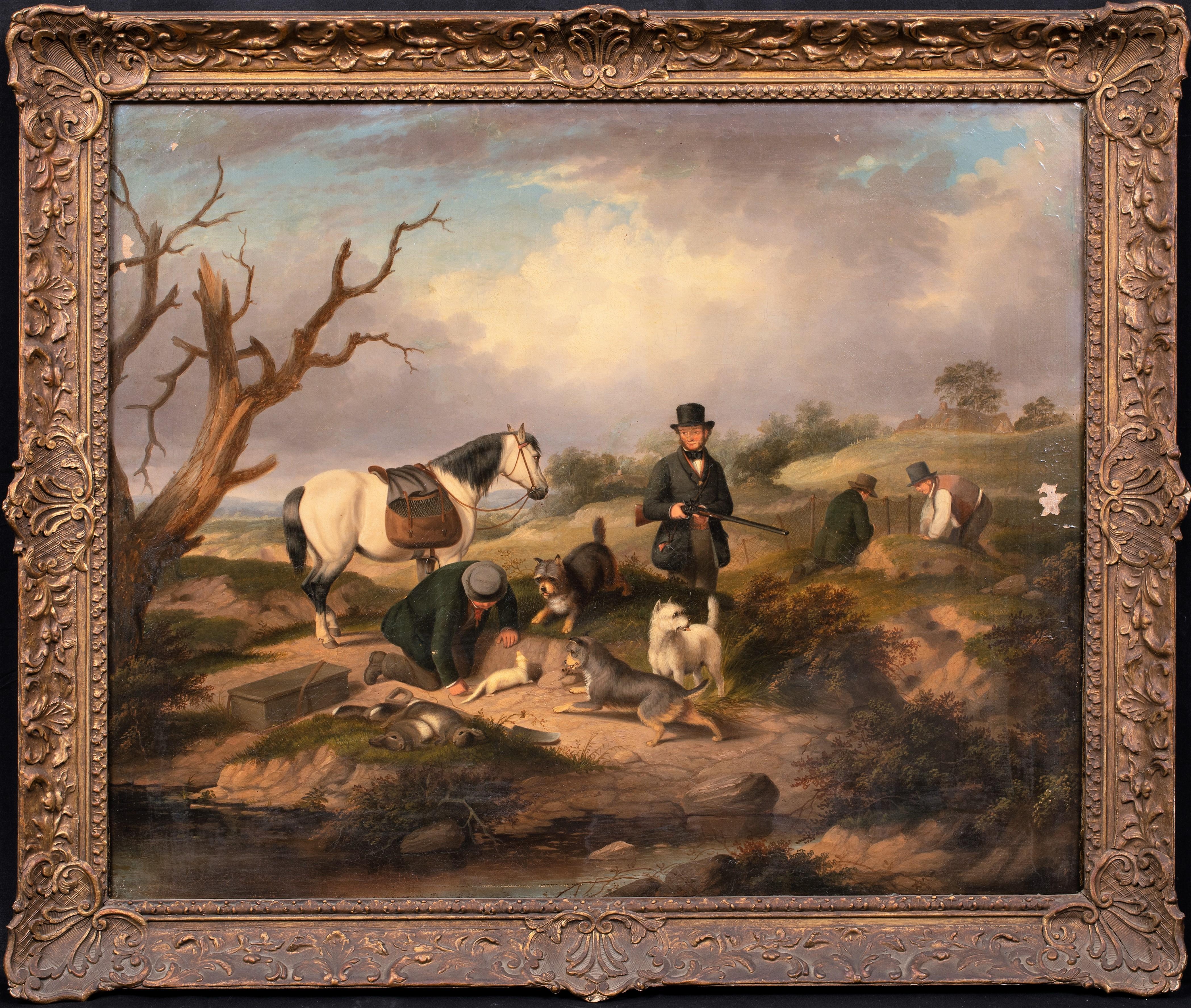 Unknown Landscape Painting - Huntsmen and Terriers & Ferrets Rabbiting, 19th Century - George Armfield