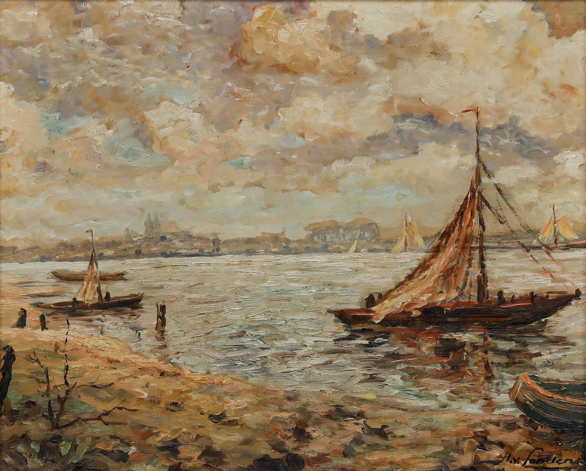 H.v. Londen - Gerahmtes Öl aus der Mitte des 20. Jahrhunderts, Blick über den Rhein nach Xanten – Painting von Unknown