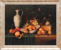 Antique Hyperrealist Vanitas Interior Still Life Painting of Various of Fruits & Vessels