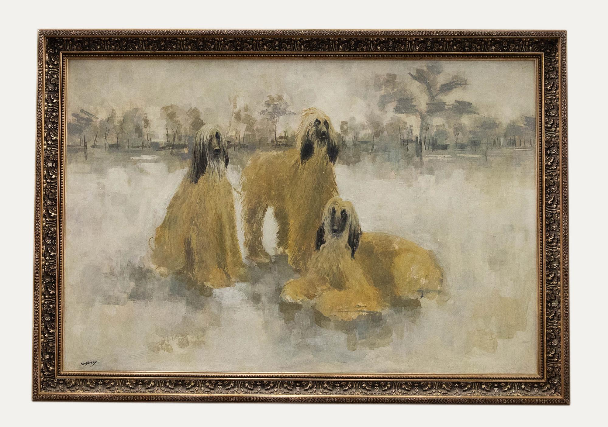 Unknown Animal Painting - I. Eastwood - Framed 20th Century Oil, Afghan Hounds in a Landscape