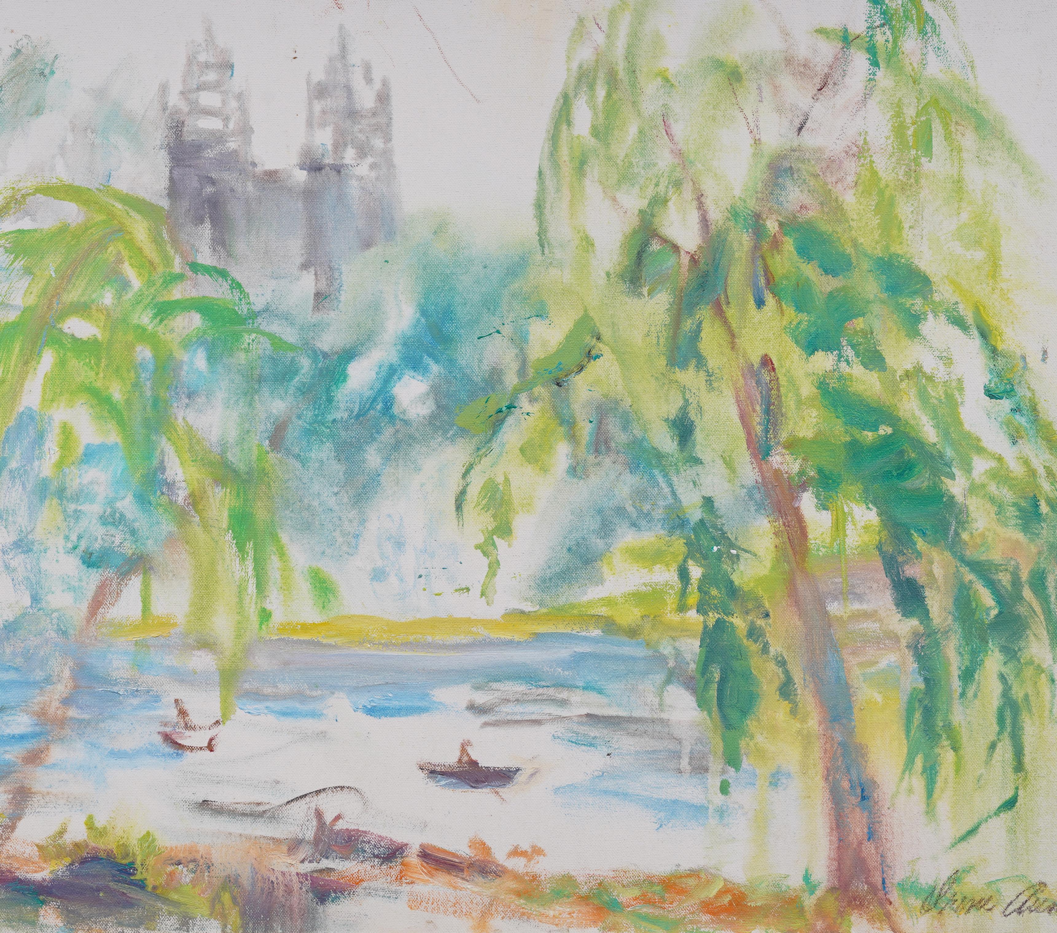 Iconic Central Park New York Cityscape Dakota Building Modernist Landscape Oil For Sale 1