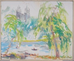 Vintage Iconic Central Park New York Cityscape Dakota Building Modernist Landscape Oil