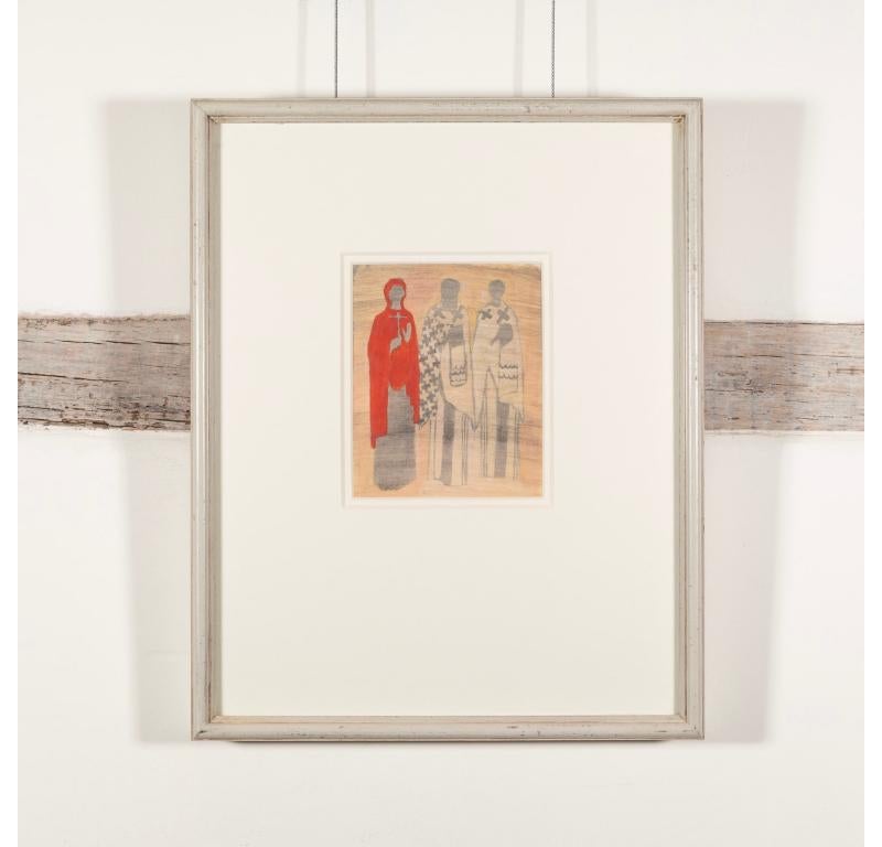 Iconography Study IV: Three Figures, Gouache Painting by Victoria Crowe, 1967/8 - Beige Figurative Painting by Unknown