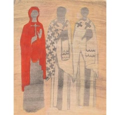 Estudio iconográfico IV: Tres figuras, pintura al gouache de Victoria Crowe, 1967/8