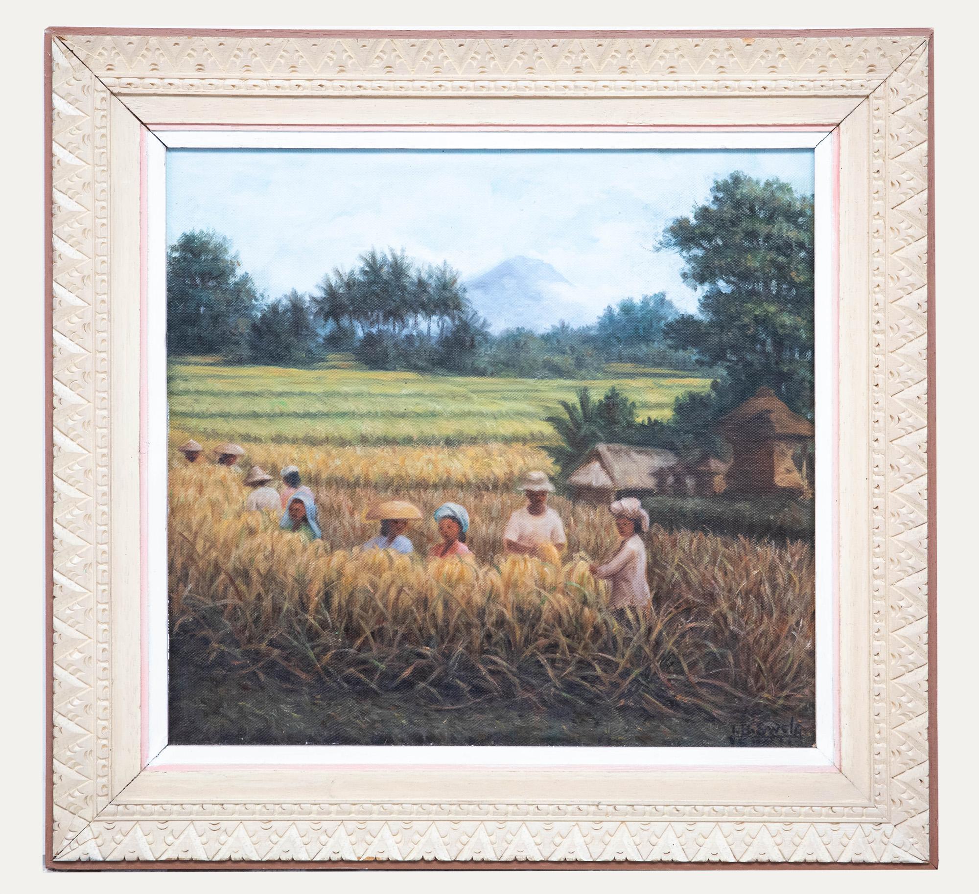 Landscape Painting di Unknown - Ida Bagus Swela - Olio del 20° secolo incorniciato, Lavorare nei campi