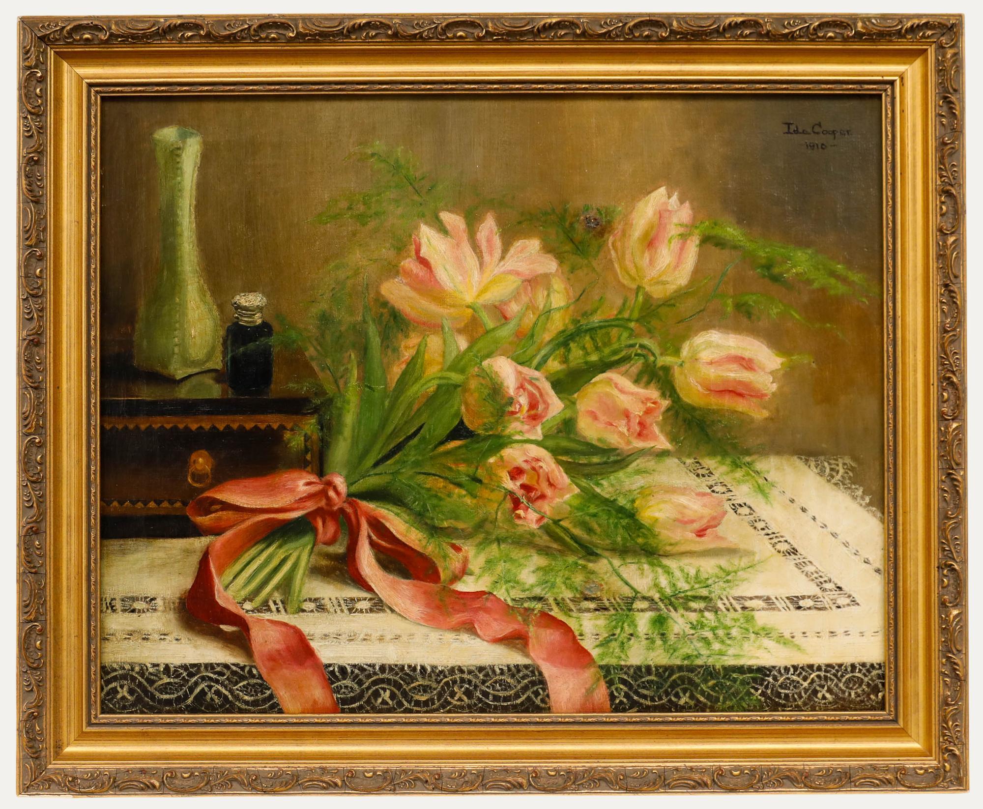 Ida Cooper - Olio del 1910 incorniciato, Natura morta con tulipani