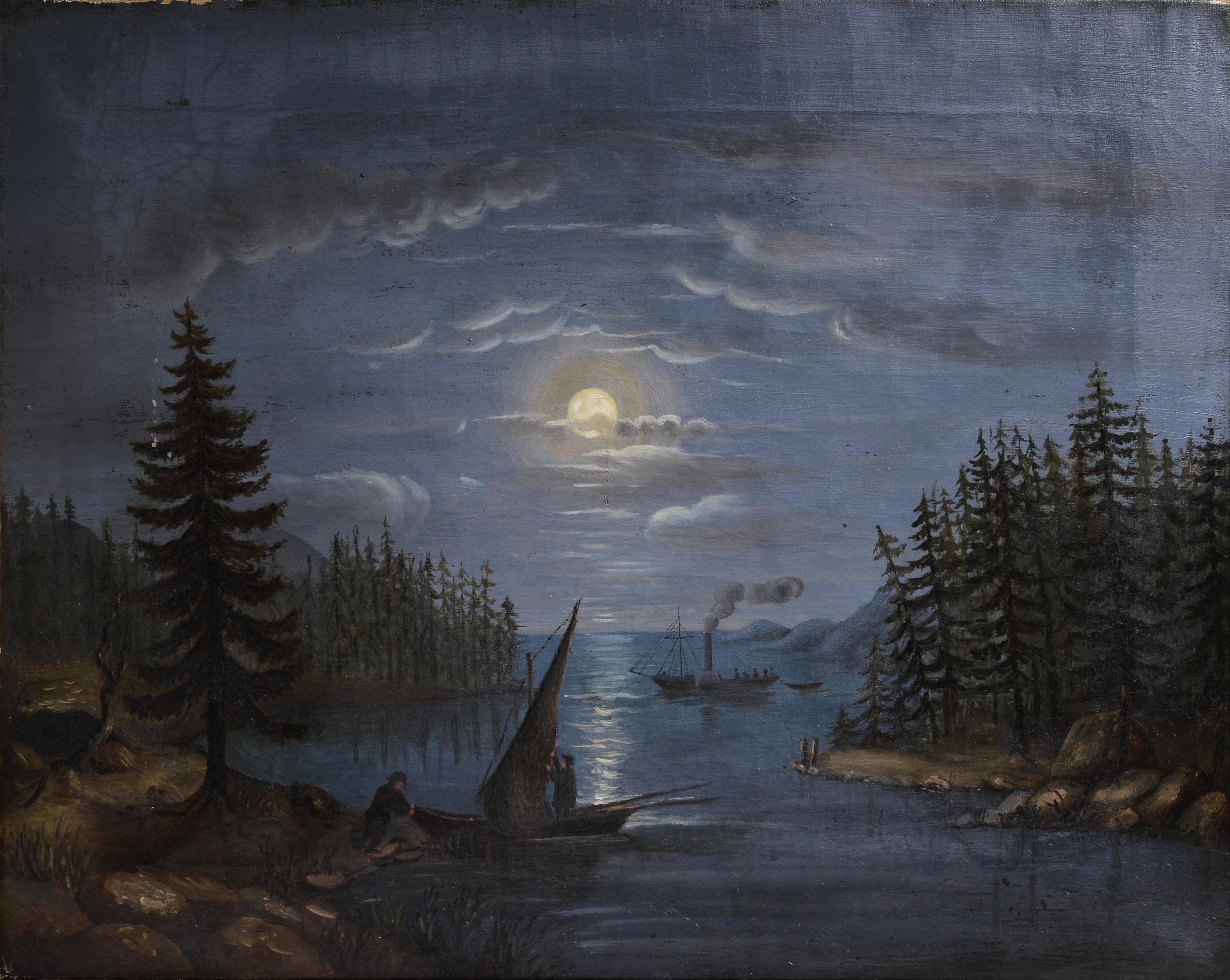 Idyllic Moon Night Landscape Scandinavian Lakeland 19th century Oil Painting - Brown Landscape Painting by Unknown