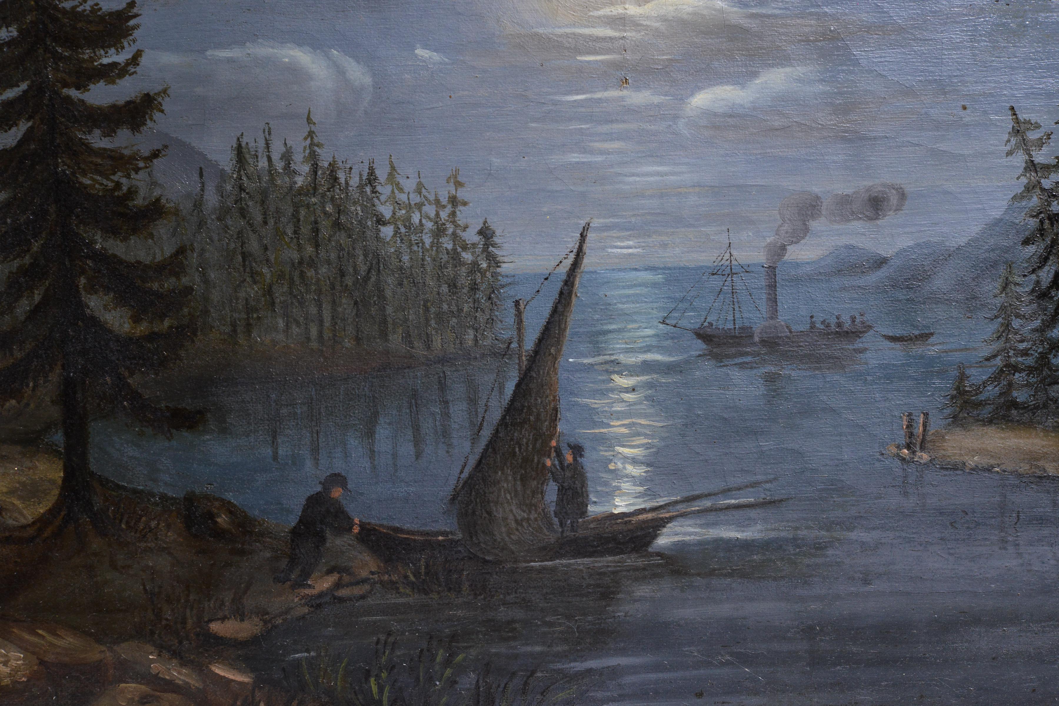 Nocturnal landscape exudes a sense of calm and serenity, drawing you in with its Naïve Romanticism manner, captured in oils by an unknown artist in the late 19th century. In the foreground you can see two fishermen in a sailing boat, who were late