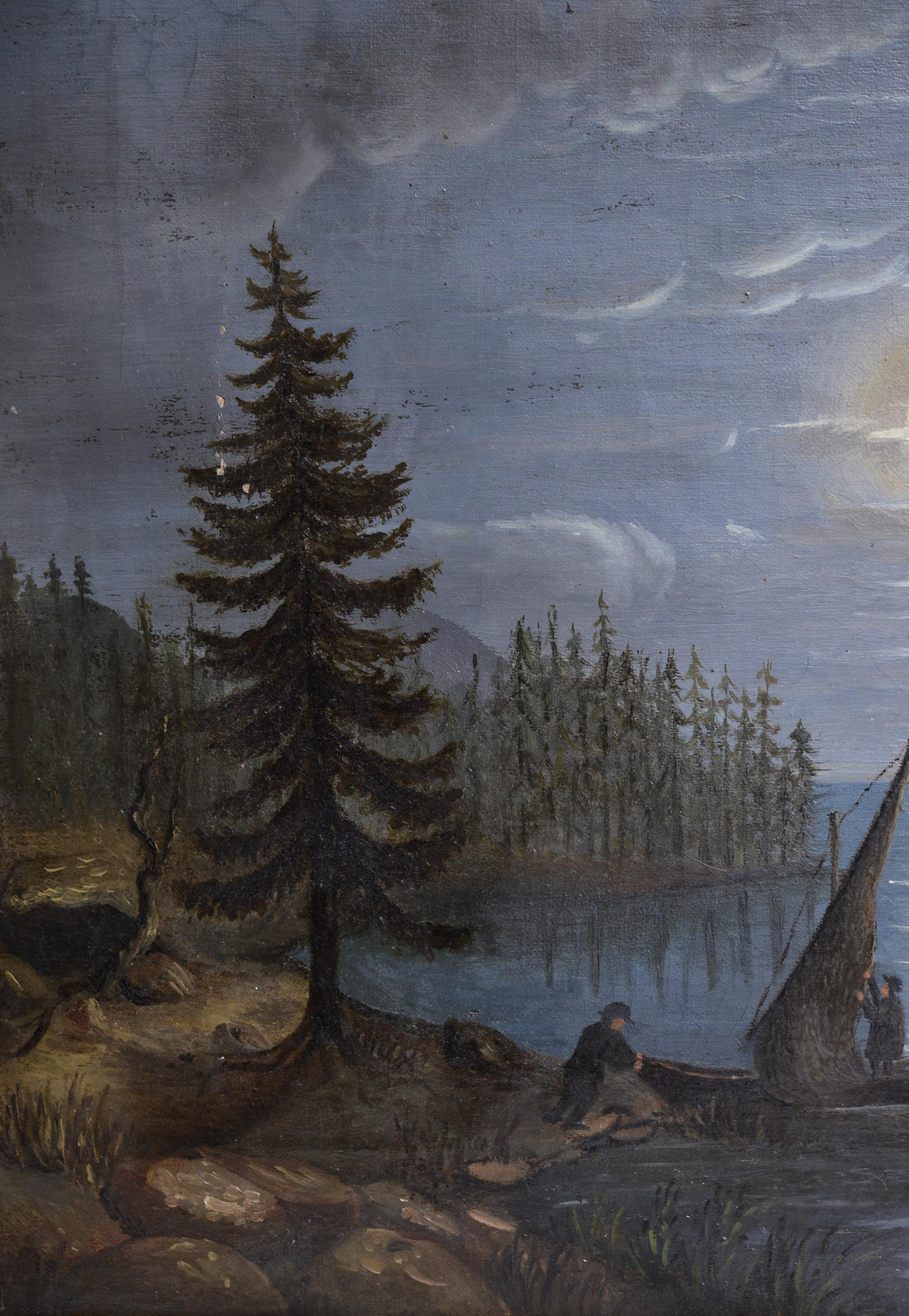 Idyllique Lune Nuit Paysage Scandinave Lakeland 19ème siècle Peinture à l'huile - Marron Landscape Painting par Unknown