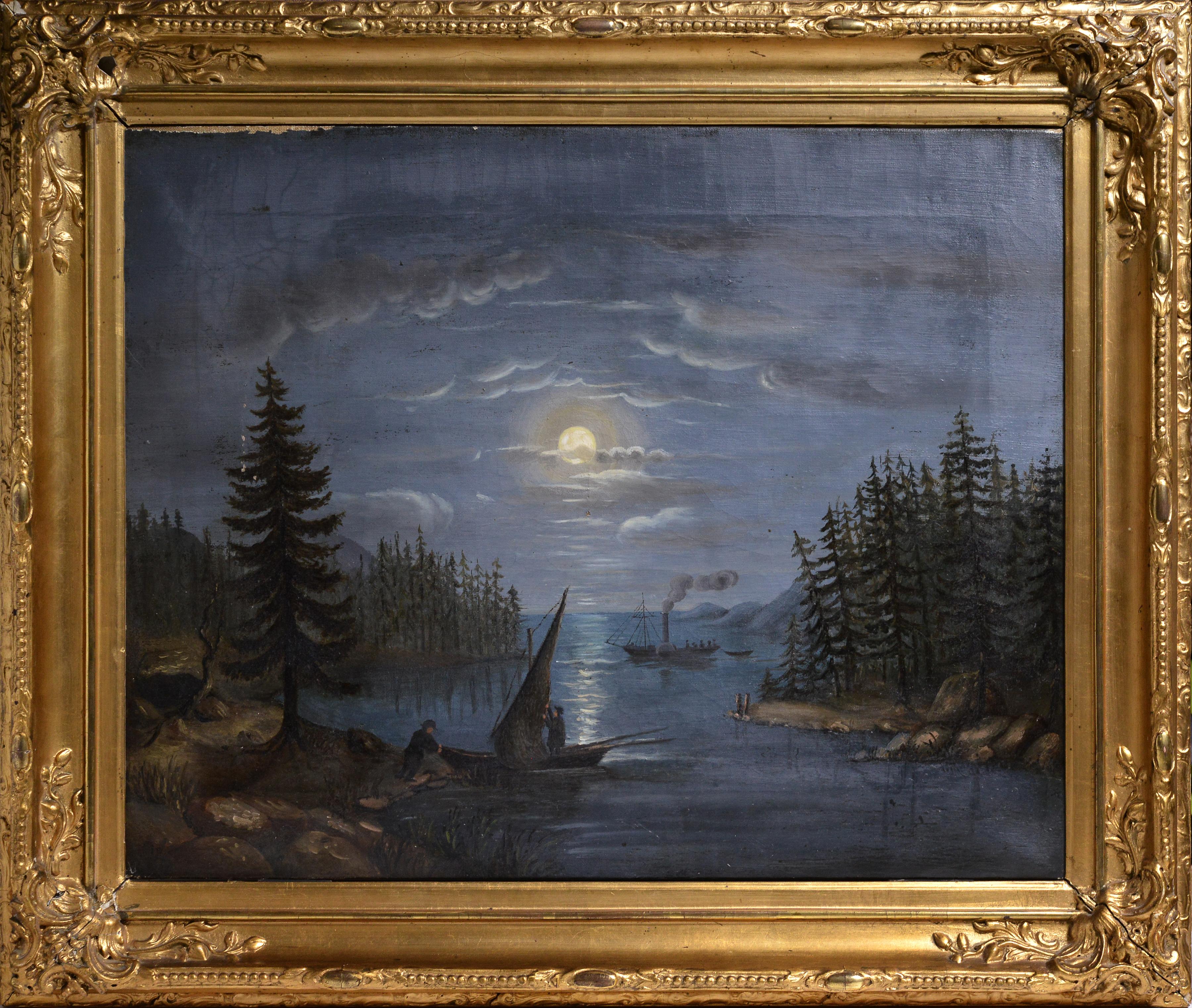 Idyllique Lune Nuit Paysage Scandinave Lakeland 19ème siècle Peinture à l'huile