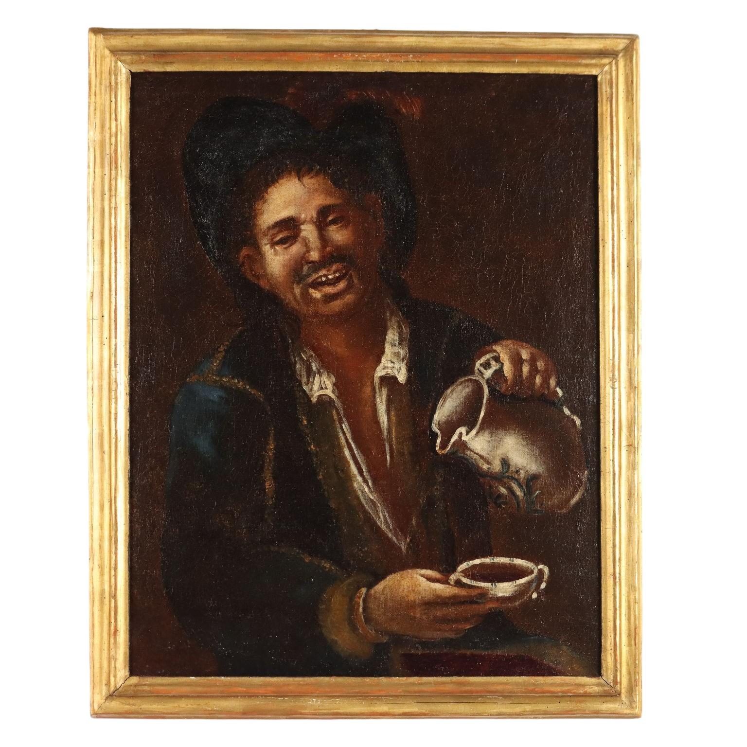 Portrait Painting de Unknown - Il Bevitore, Dipinto di Seguace di Giacomo Francesco Cipper, XVIII secolo