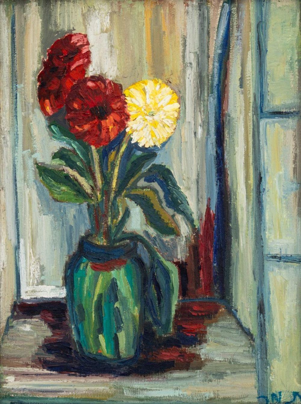 Nature morte aux chrysanthèmes de l'école américaine, signée de façon illisible - Painting de Unknown