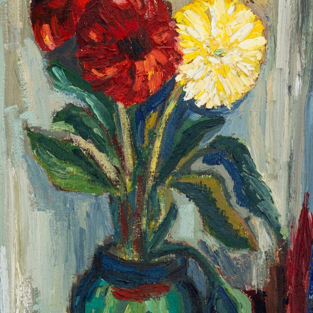Nature morte aux chrysanthèmes de l'école américaine, signée de façon illisible - Impressionnisme Painting par Unknown