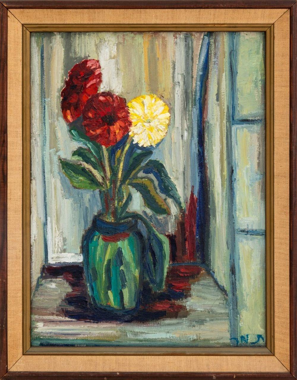 Still-Life Painting Unknown - Nature morte aux chrysanthèmes de l'école américaine, signée de façon illisible