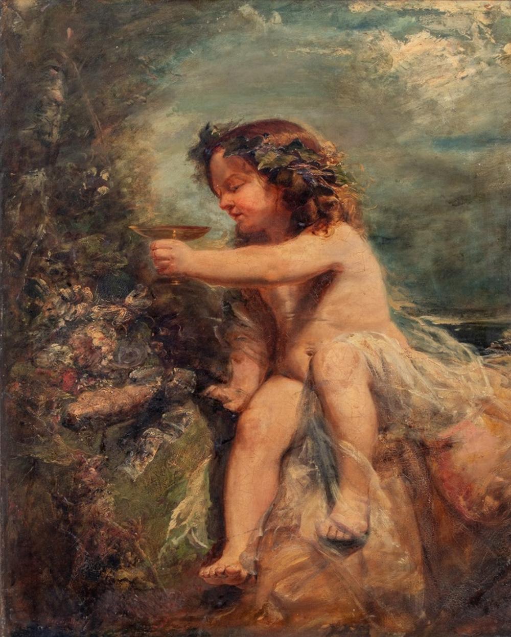 Olio su tela firmato illeggibilmente Cherubino che beve - Painting di Unknown