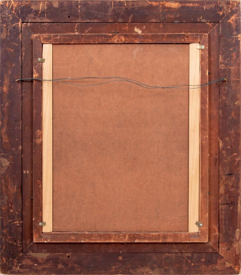 Scuola francese, Cherubino che beve vino, olio su tela posato su masonite, XIX secolo, firmato indistintamente in basso a sinistra, cornice in legno dorato ornata. Immagine: 25,75