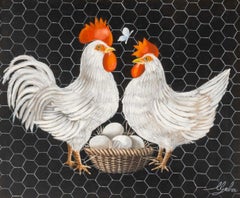 Illegibly Signed Chickens and Eggs Oil on Canvas