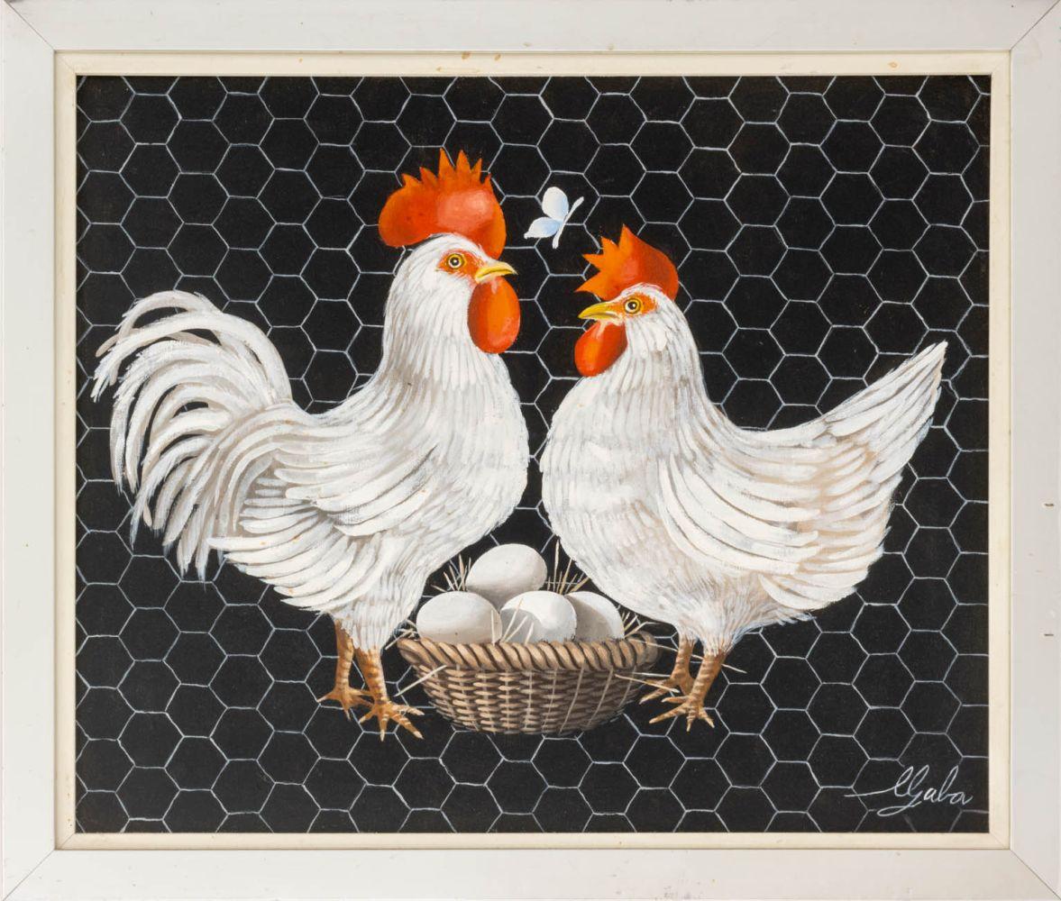 Unknown Animal Painting - Illegibly Signed Chickens and Eggs Oil on Canvas