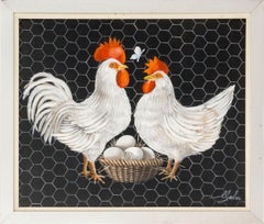 Illegibly Signed Chickens and Eggs Oil on Canvas