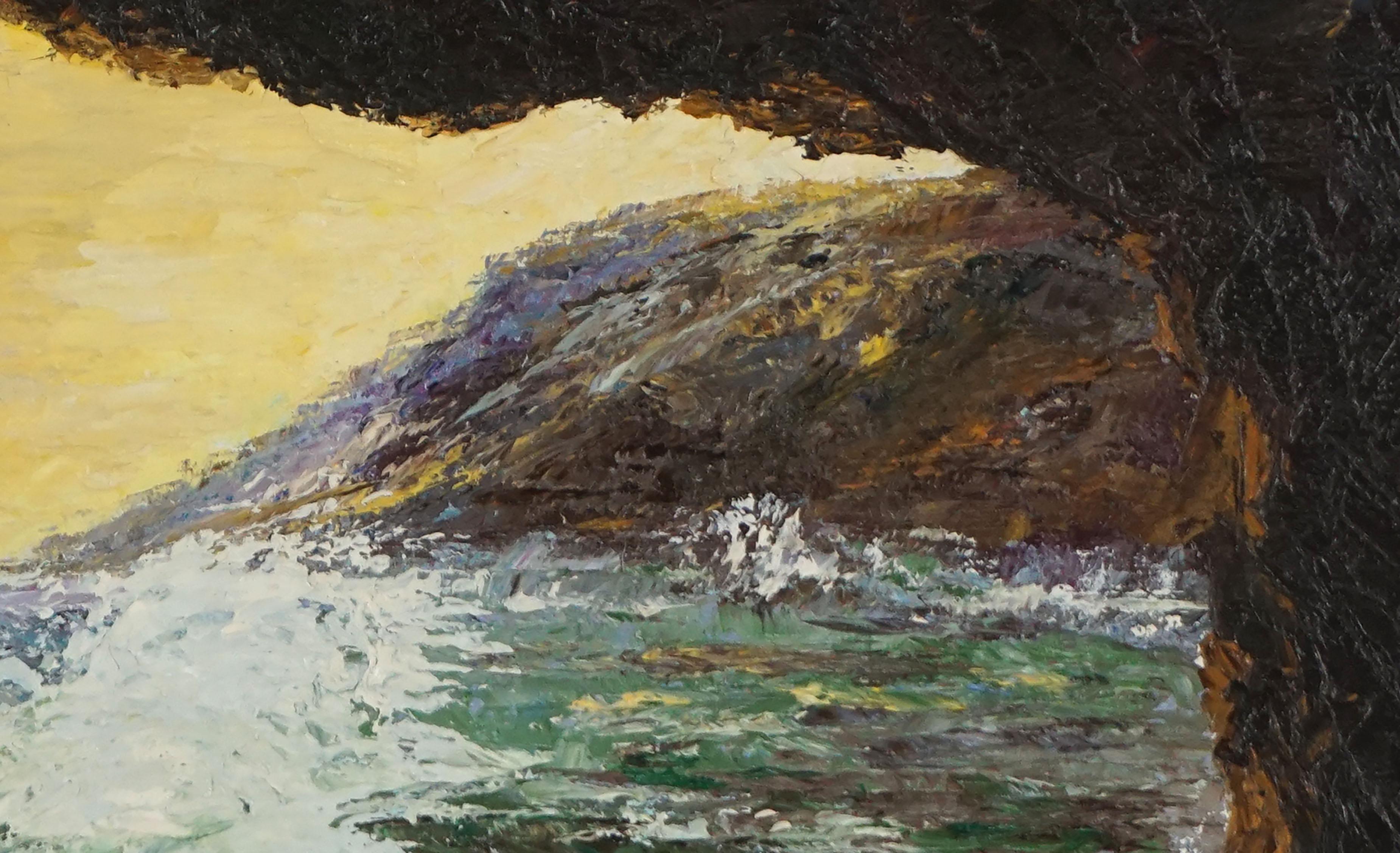 Paisaje marino Impasto Cueva marina de Big Sur y olas rompiendo - Painting impresionista estadounidense de Unknown