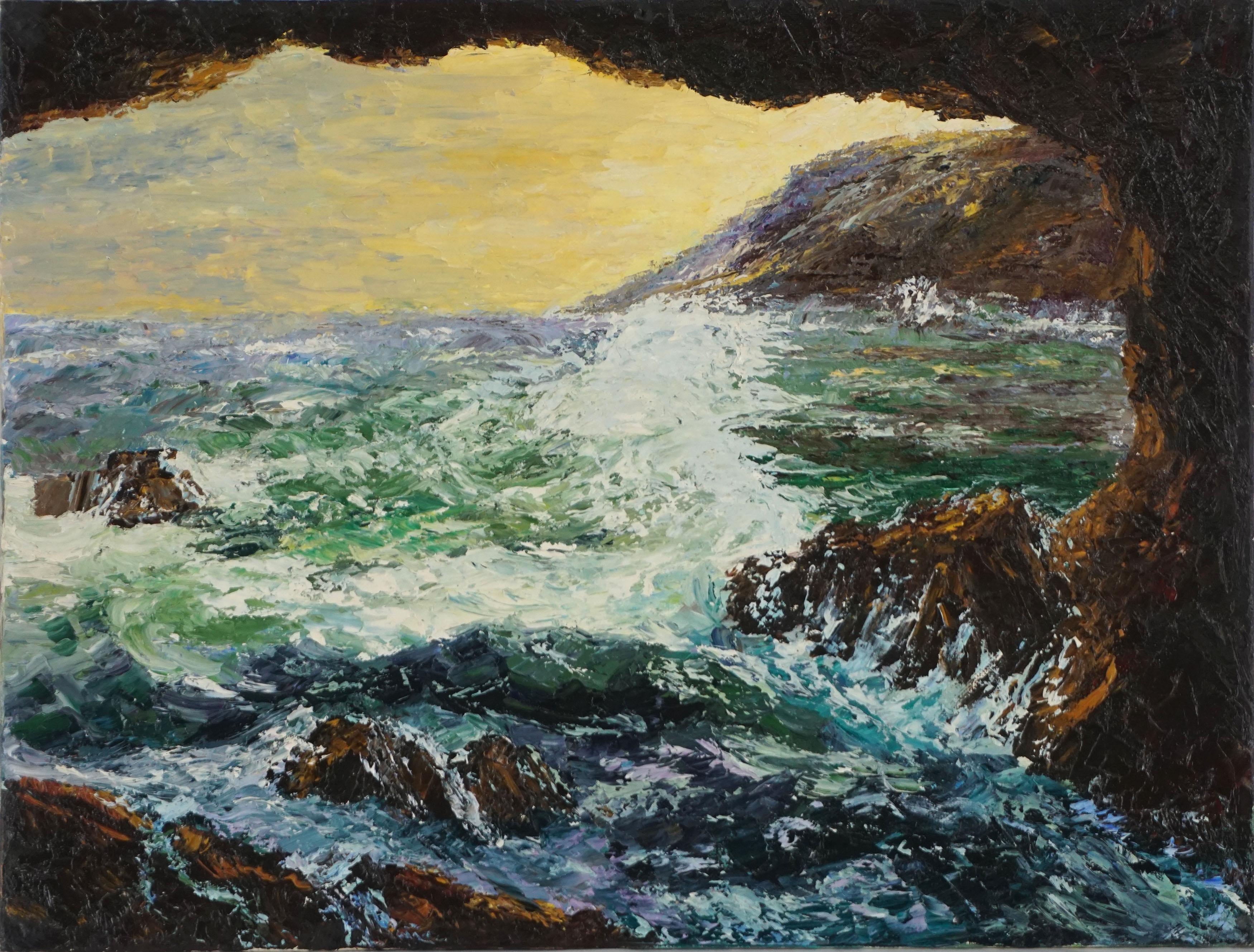 Unknown Landscape Painting - Impasto Big Sur Sea Cave and Breaking Waves Seascape
