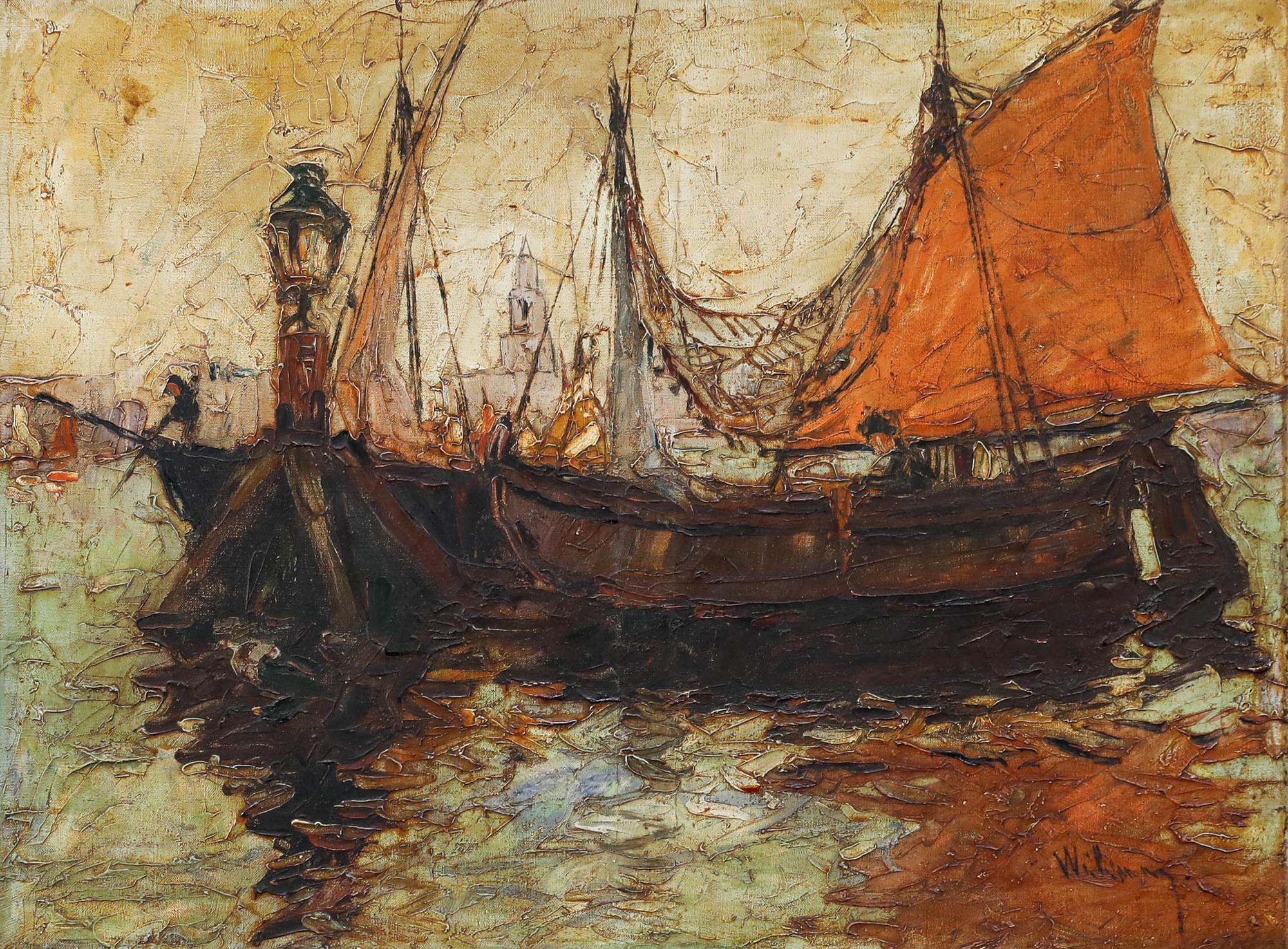 Impasto Huile du milieu du 20e siècle - Bateaux de pêche - Painting de Unknown
