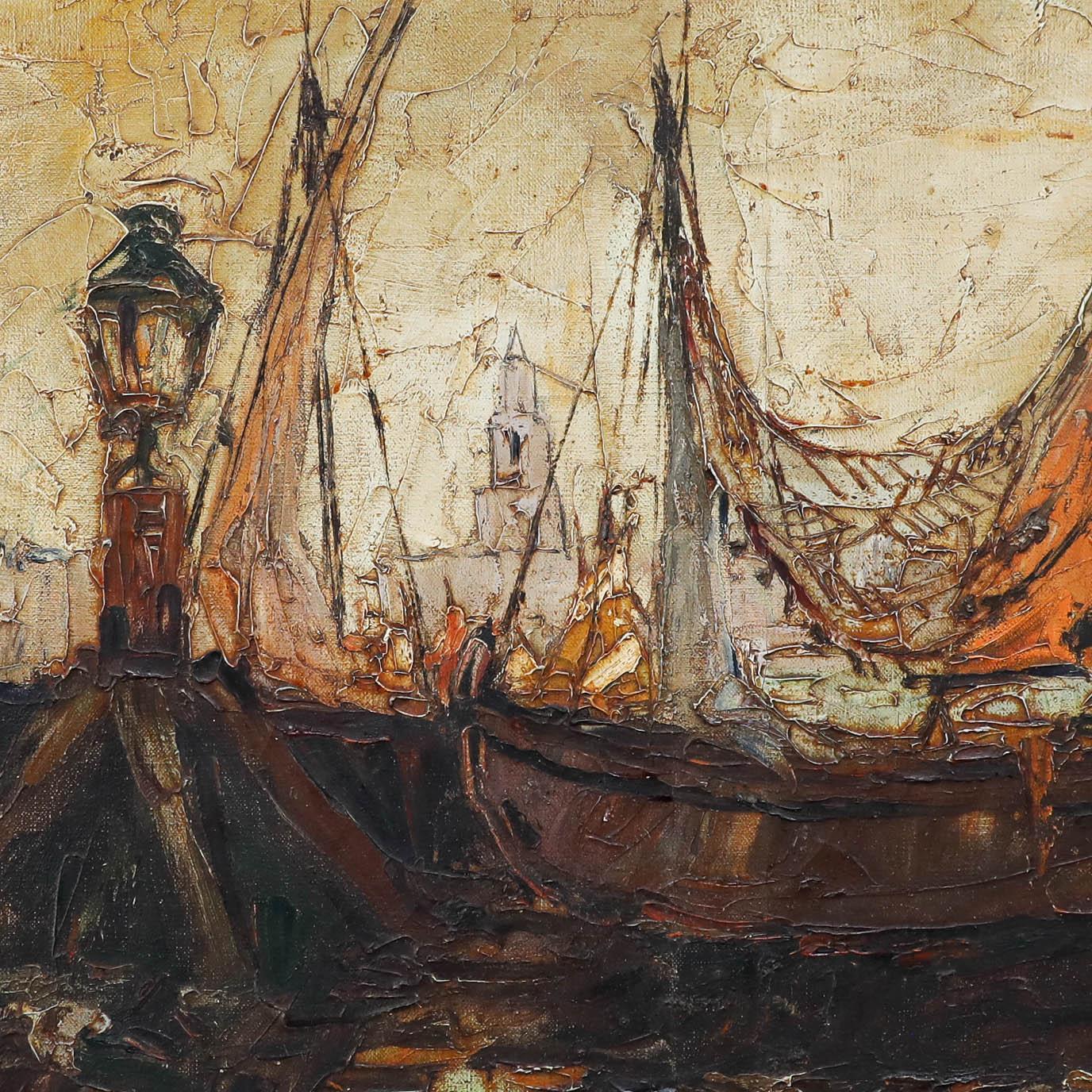 Impasto Huile du milieu du 20e siècle - Bateaux de pêche - Marron Figurative Painting par Unknown