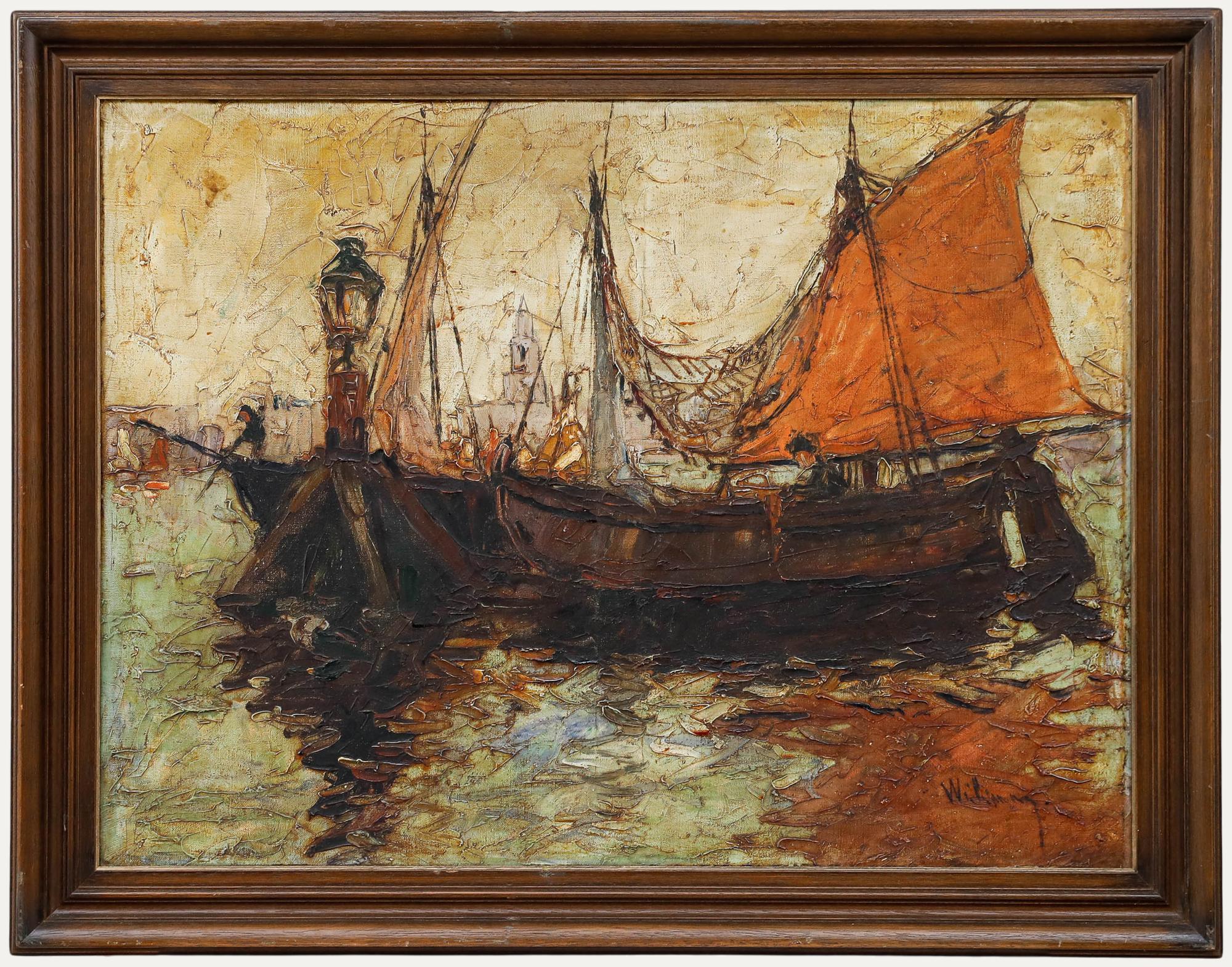 Figurative Painting Unknown - Impasto Huile du milieu du 20e siècle - Bateaux de pêche