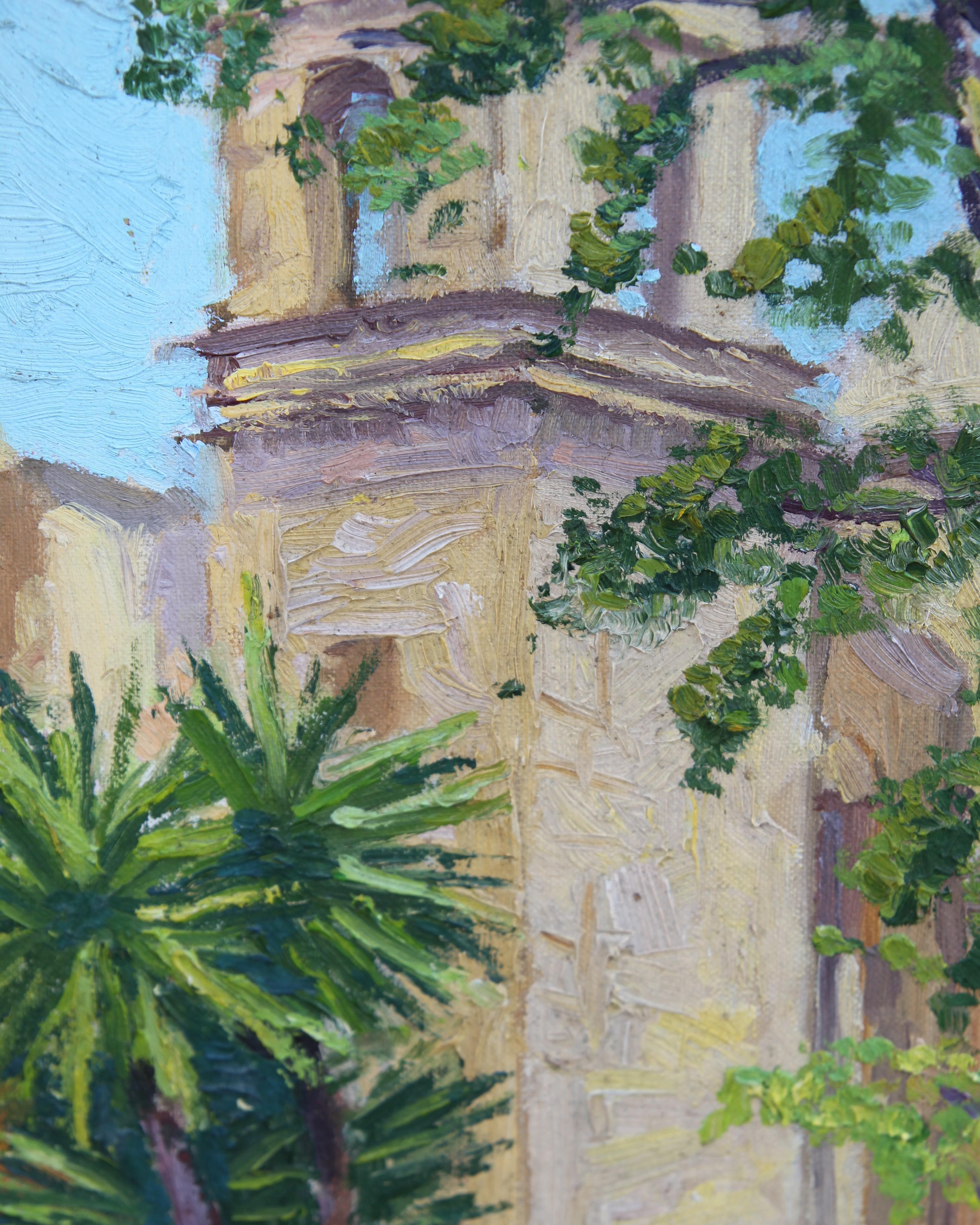 Impasto Naturalistic Adobe Church and Tropical Tree Texas Landscape Painting - Brown Abstract Painting by Unknown