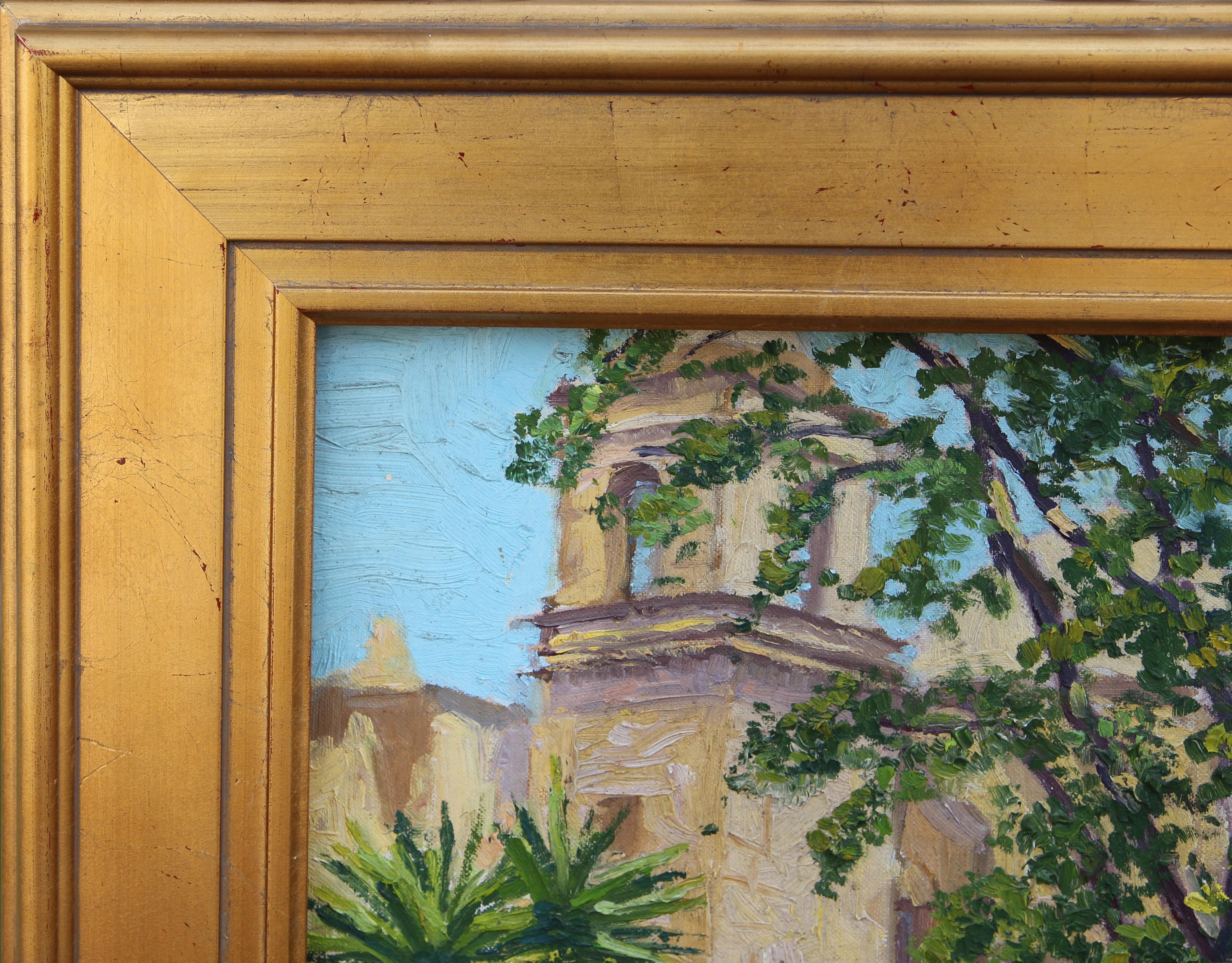 Serene naturalistic painting of an adobe style church building tucked behind a variety of tropical plants and trees with a small path. Believed to be a Texas scene, possibly of the Alamo. Painted in a style similar to Texas artist Peter Hohnstedt.