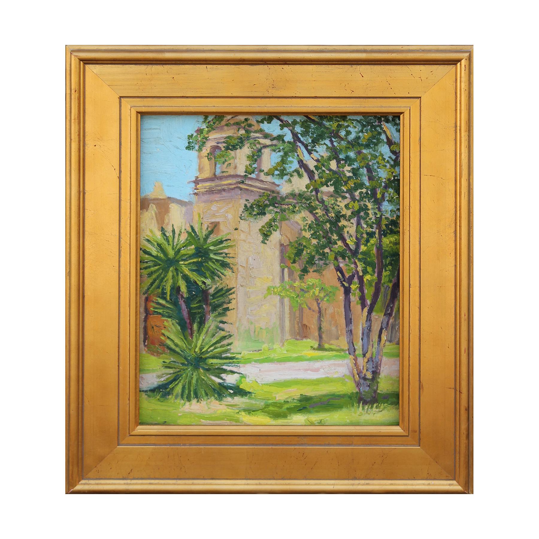 Unknown Abstract Painting - Impasto Naturalistic Adobe Church and Tropical Tree Texas Landscape Painting