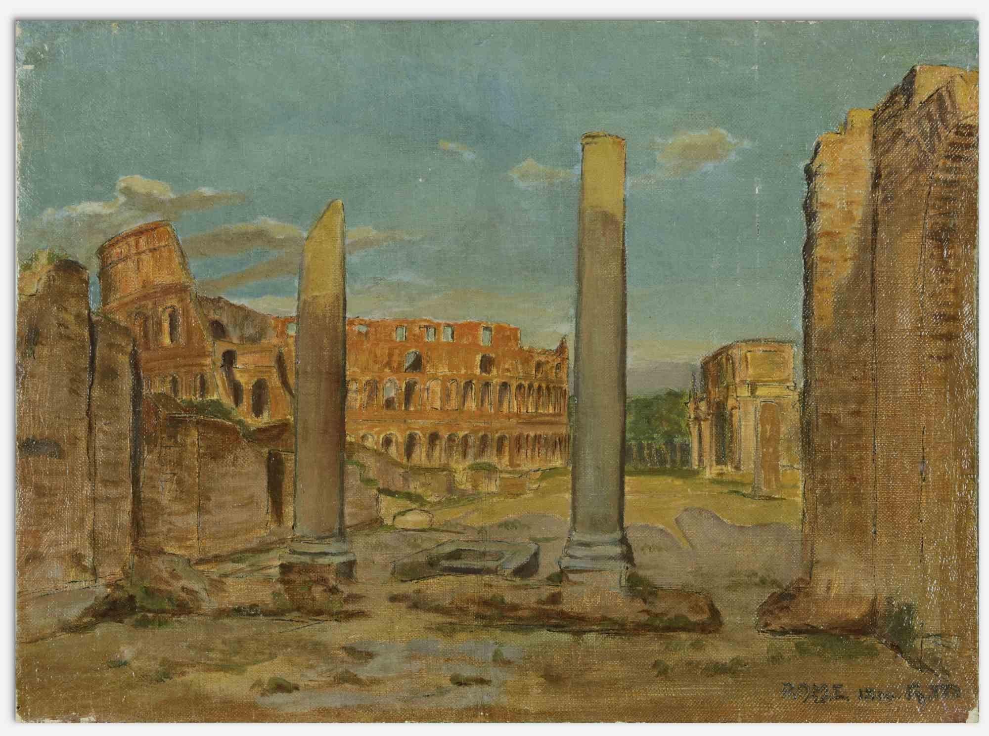 Unknown Landscape Painting - Imperial Forums and Coliseum on the Background - Oil Paint - 1899