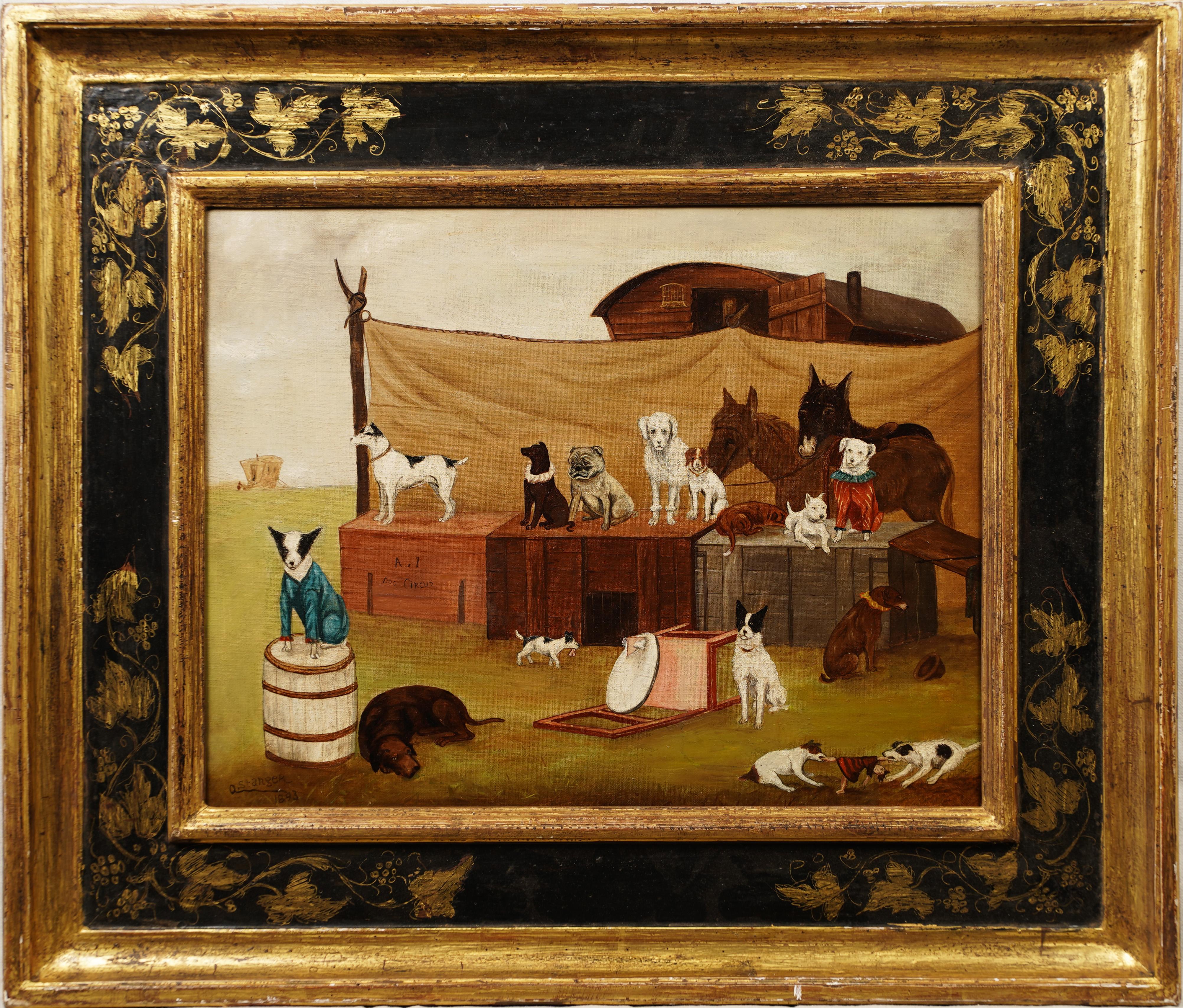 Important Antique American Folk Art Dog Circus Animal Portrait Framed Painting - Brown Landscape Painting by Unknown