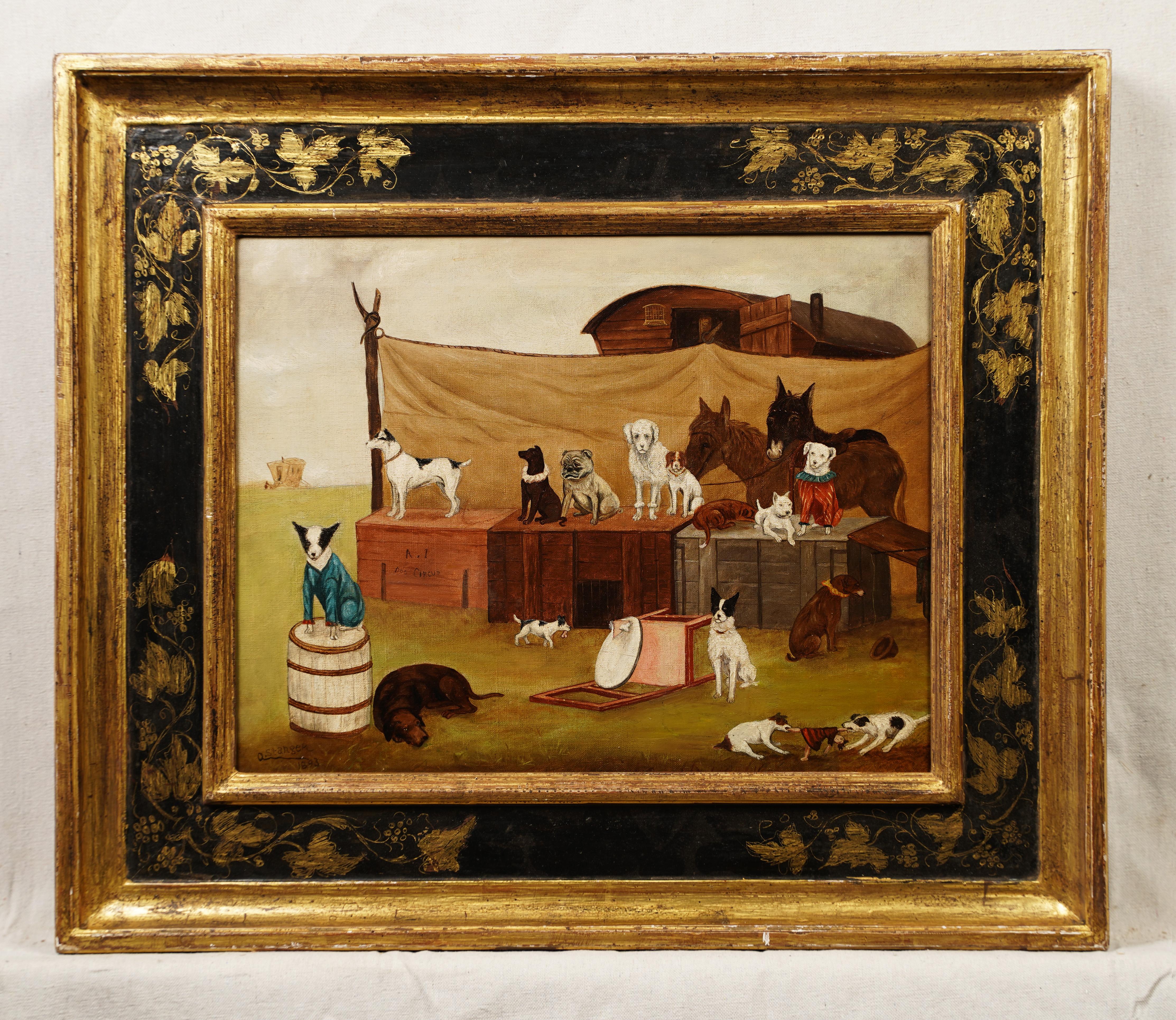 Antique American folk art dog circus oil painting.  Oil on canvas.  Signed.  Framed.  
