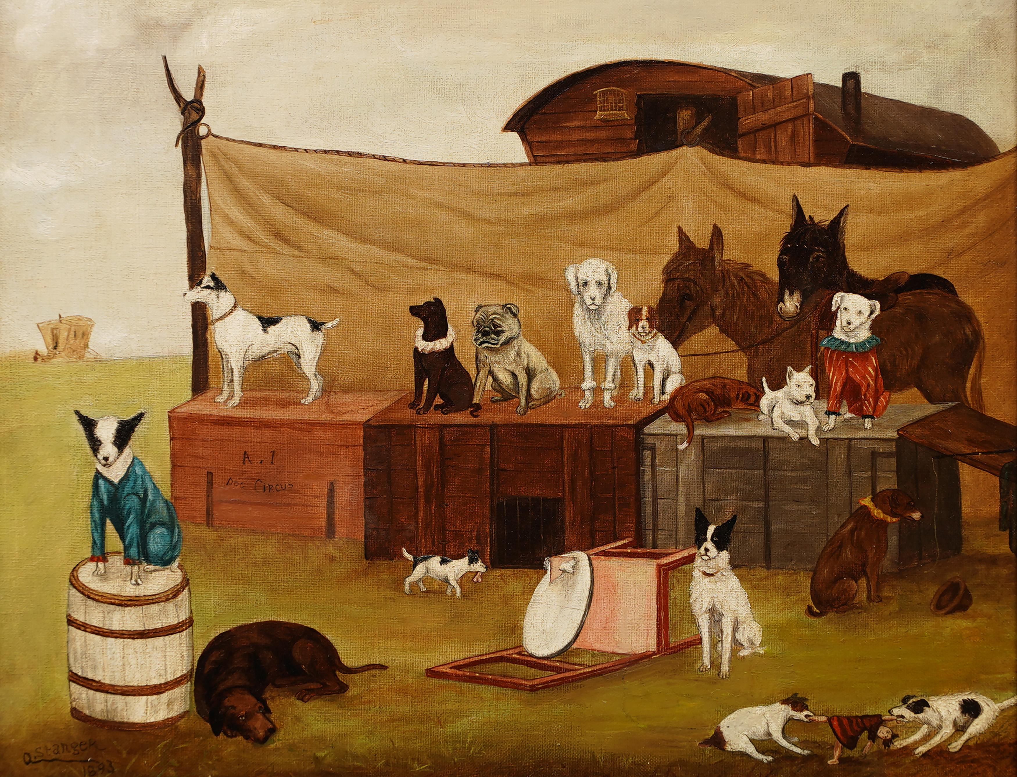 Important Antique American Folk Art Dog Circus Animal Portrait Framed Painting 1