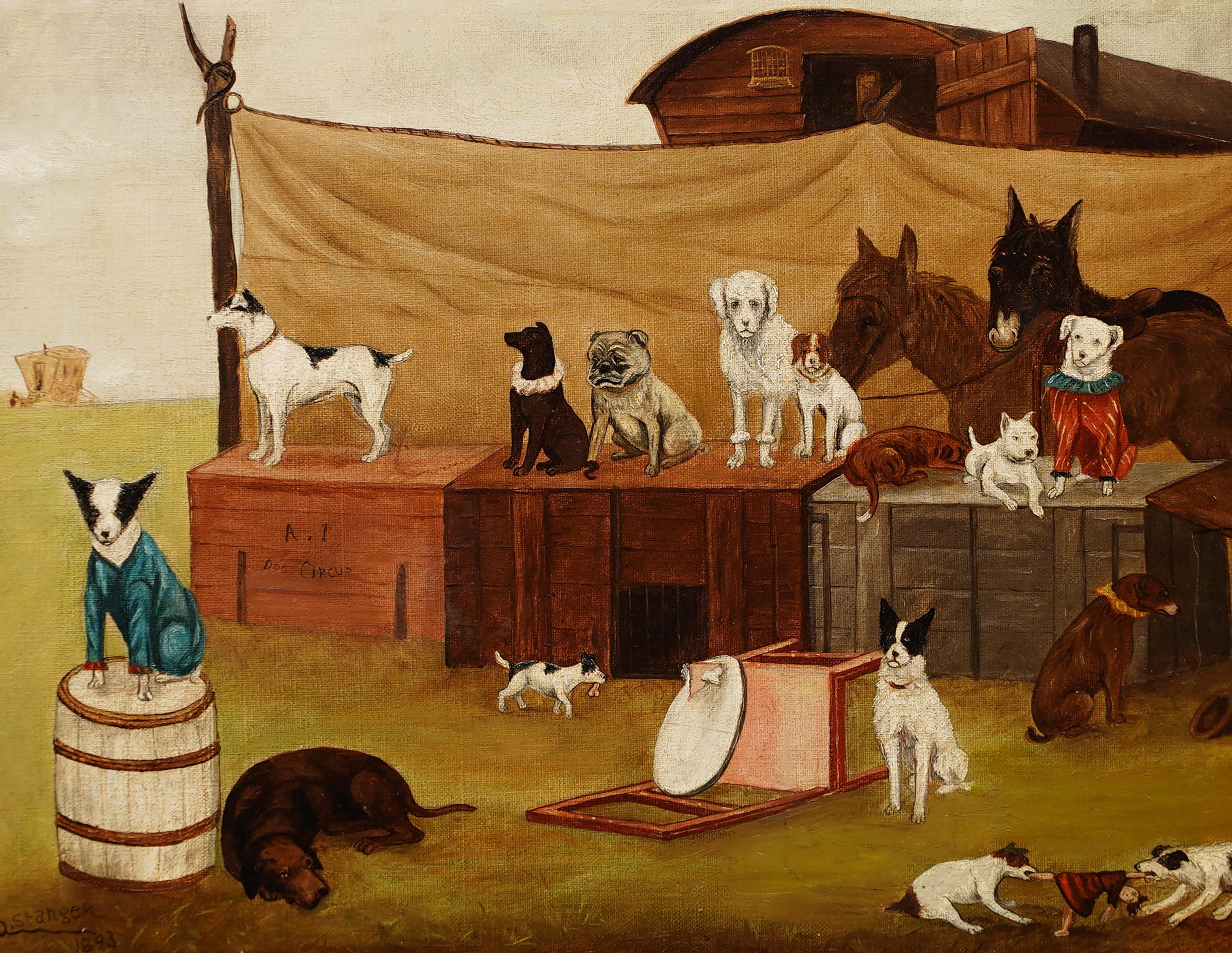 Important Antique American Folk Art Dog Circus Animal Portrait Framed Painting 2