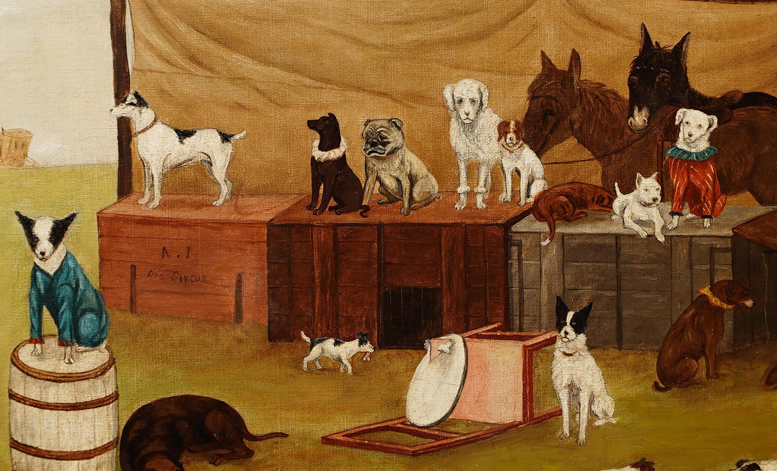 Important Antique American Folk Art Dog Circus Animal Portrait Framed Painting 3