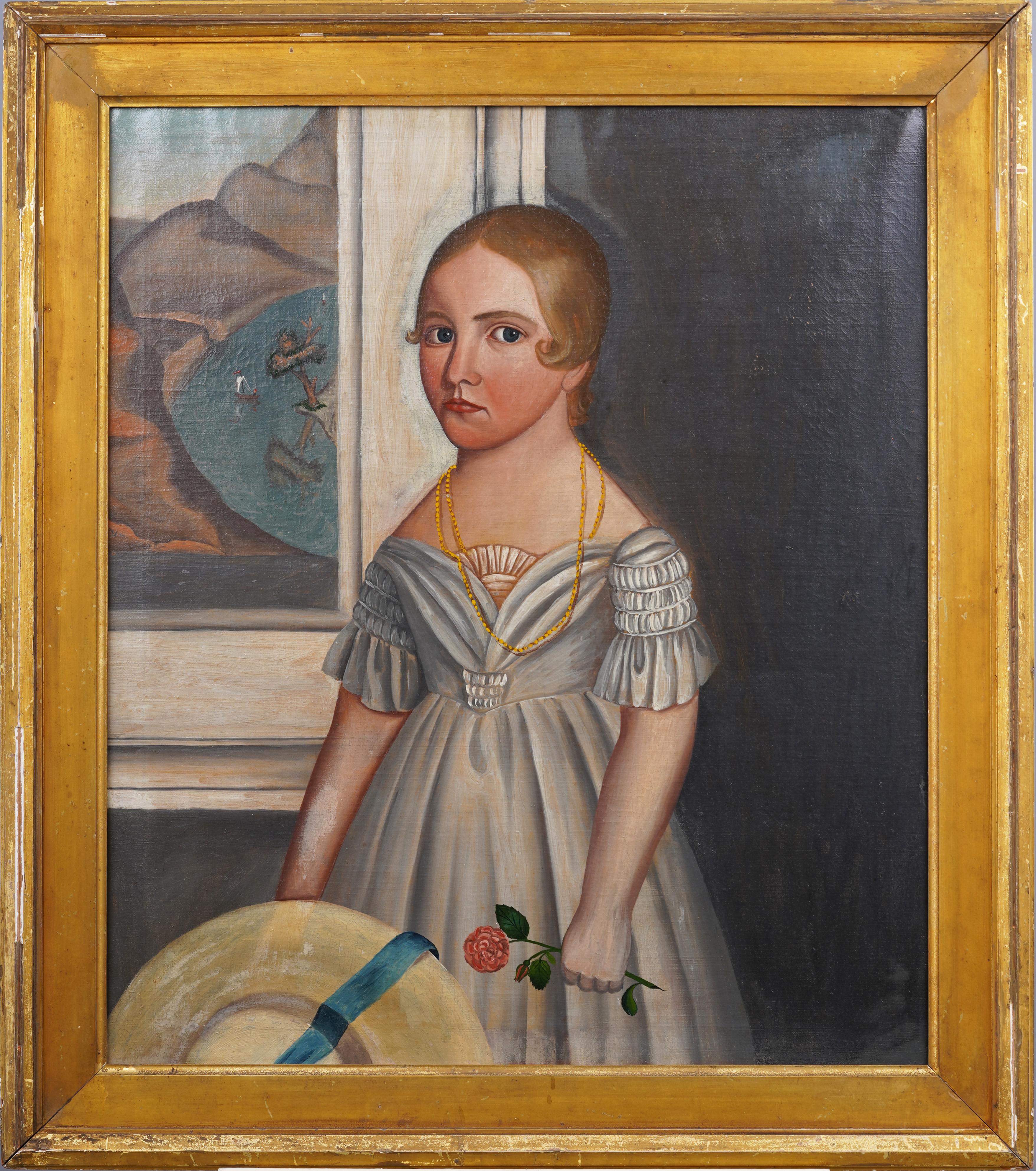 Importante pittura ad olio antica di scuola americana di arte popolare con ritratto di giovane ragazza - Painting di Unknown