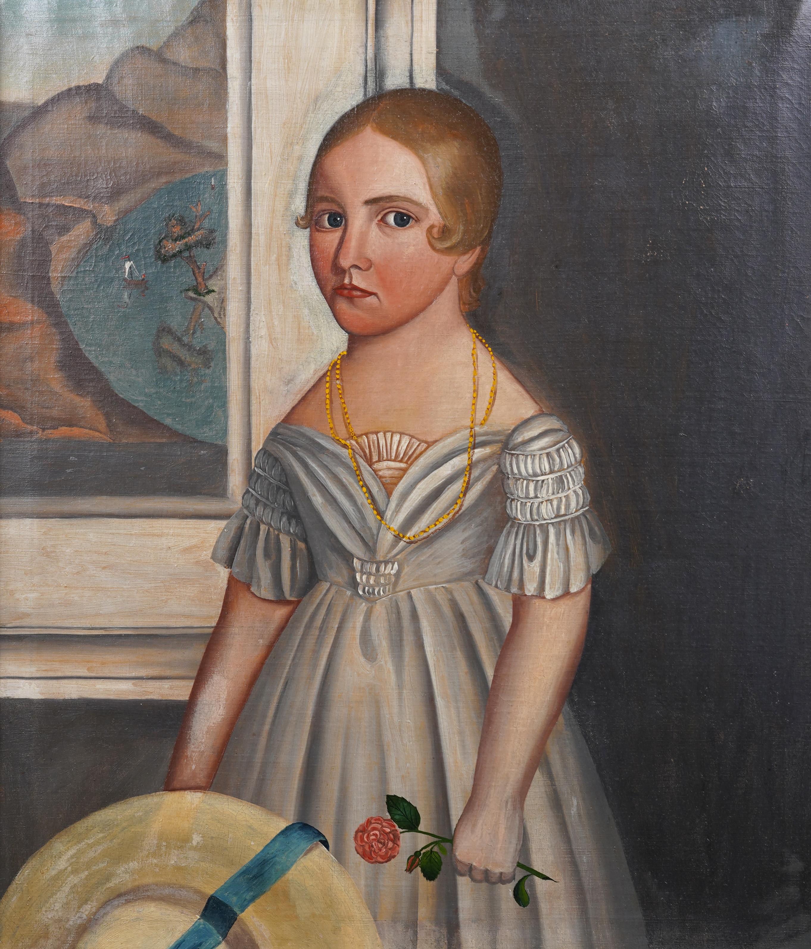 Importante pittura ad olio antica di scuola americana di arte popolare con ritratto di giovane ragazza - Painting Arte popolare di Unknown