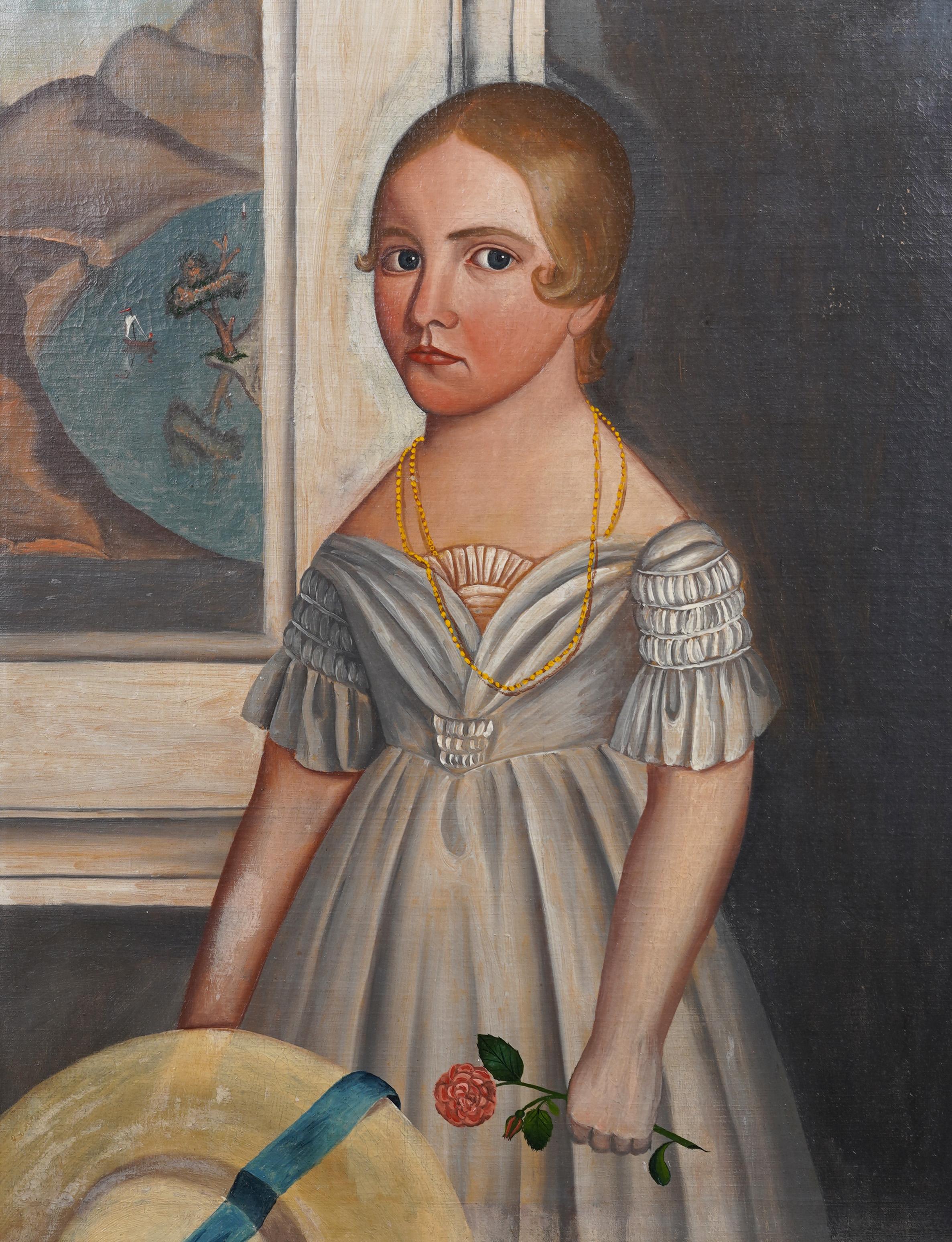 Importante pittura ad olio antica di scuola americana di arte popolare con ritratto di giovane ragazza - Portrait Painting Marrone di Unknown