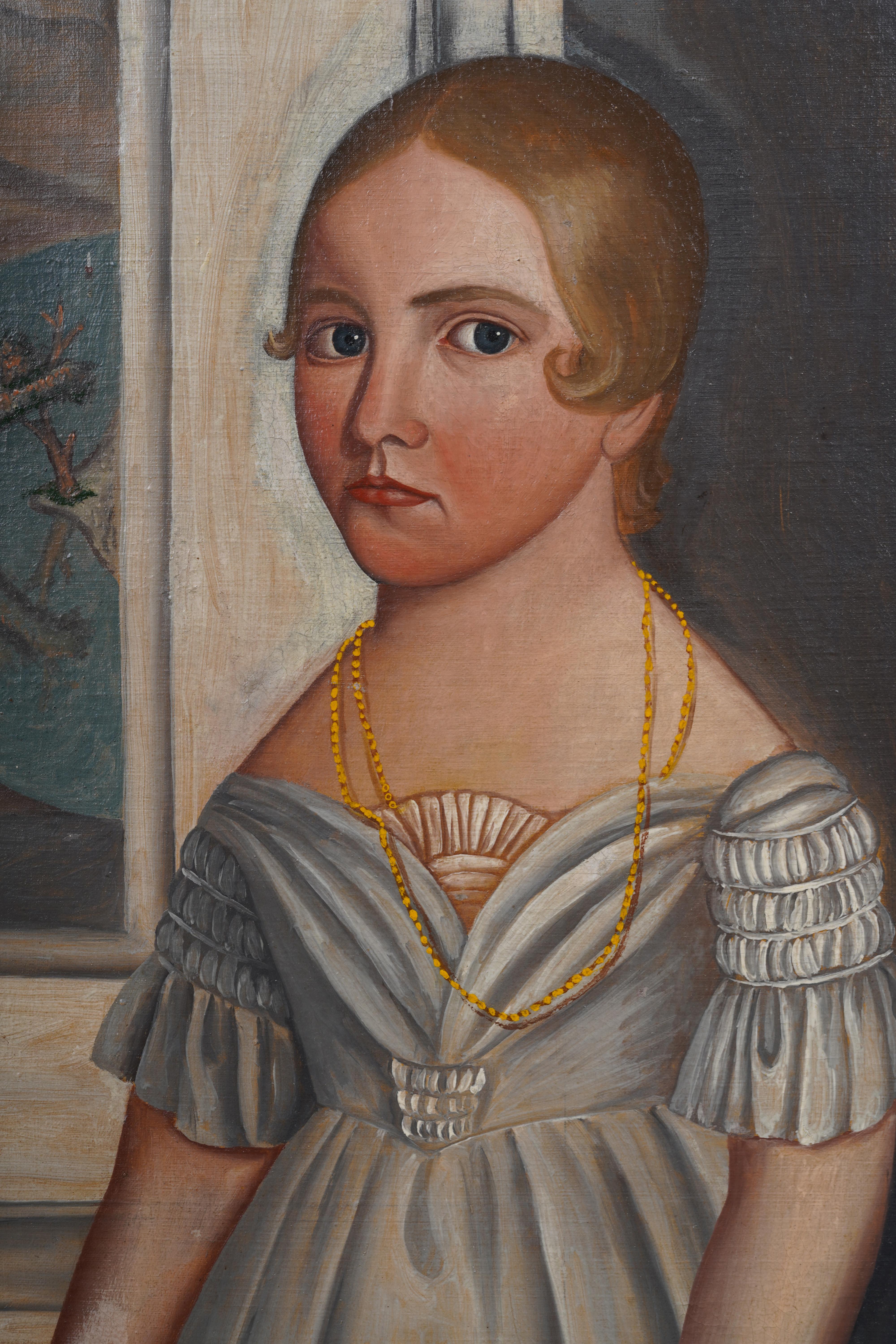 Ritratto di arte popolare della metà del 1800, molto raro e ben dipinto.  Una cornice incredibile.  Olio su tela.  Dimensioni dell'immagine: 24 x 28 pollici.