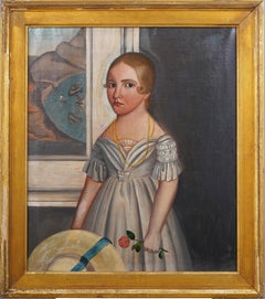 Important Antique American School Folk Art Young Girl Portrait Oil Painting