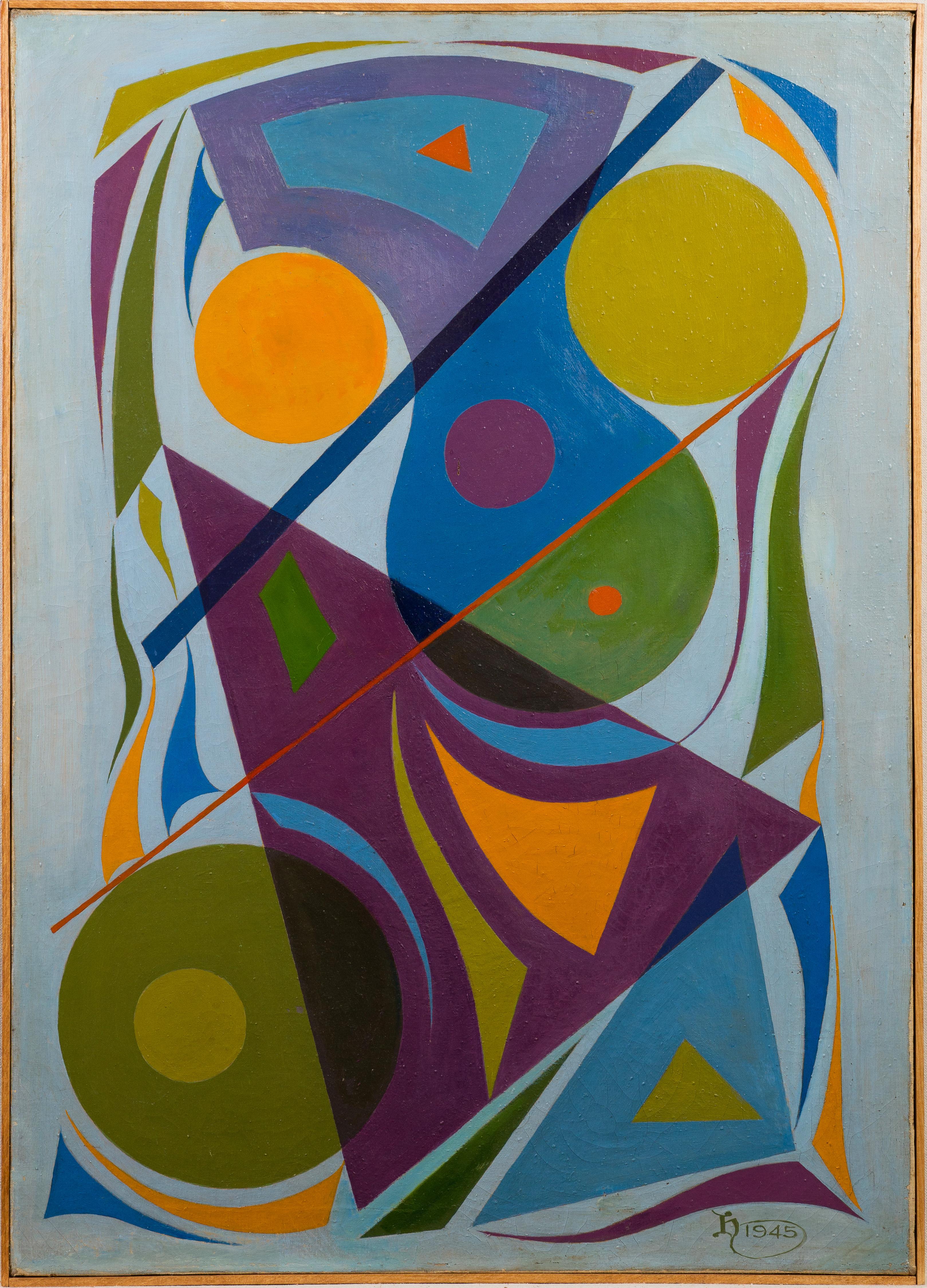 Importante peinture géométrique abstraite de l'école américaine, signée - Painting de Unknown