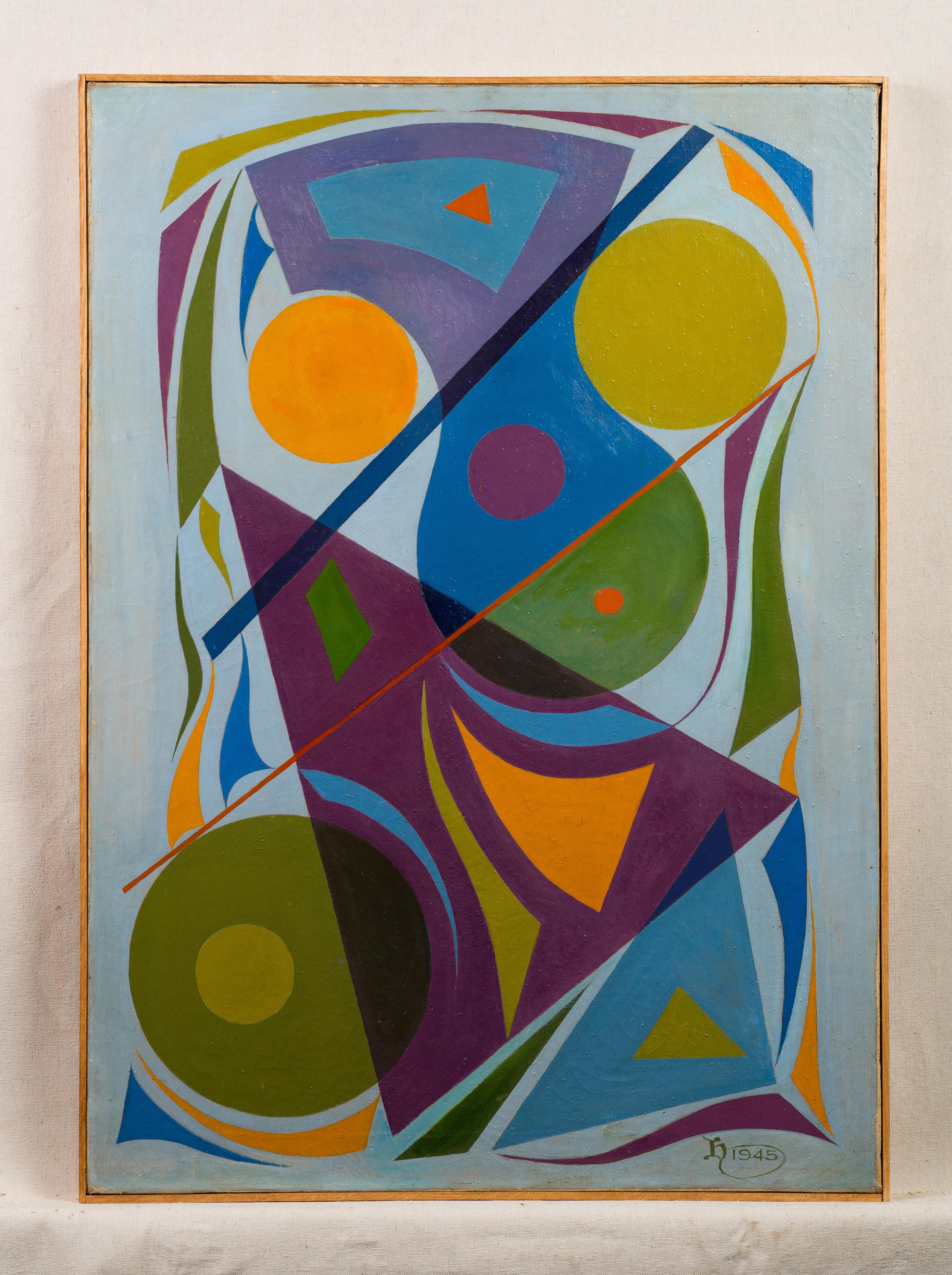 Importante peinture géométrique abstraite de l'école américaine, signée - Abstrait Painting par Unknown